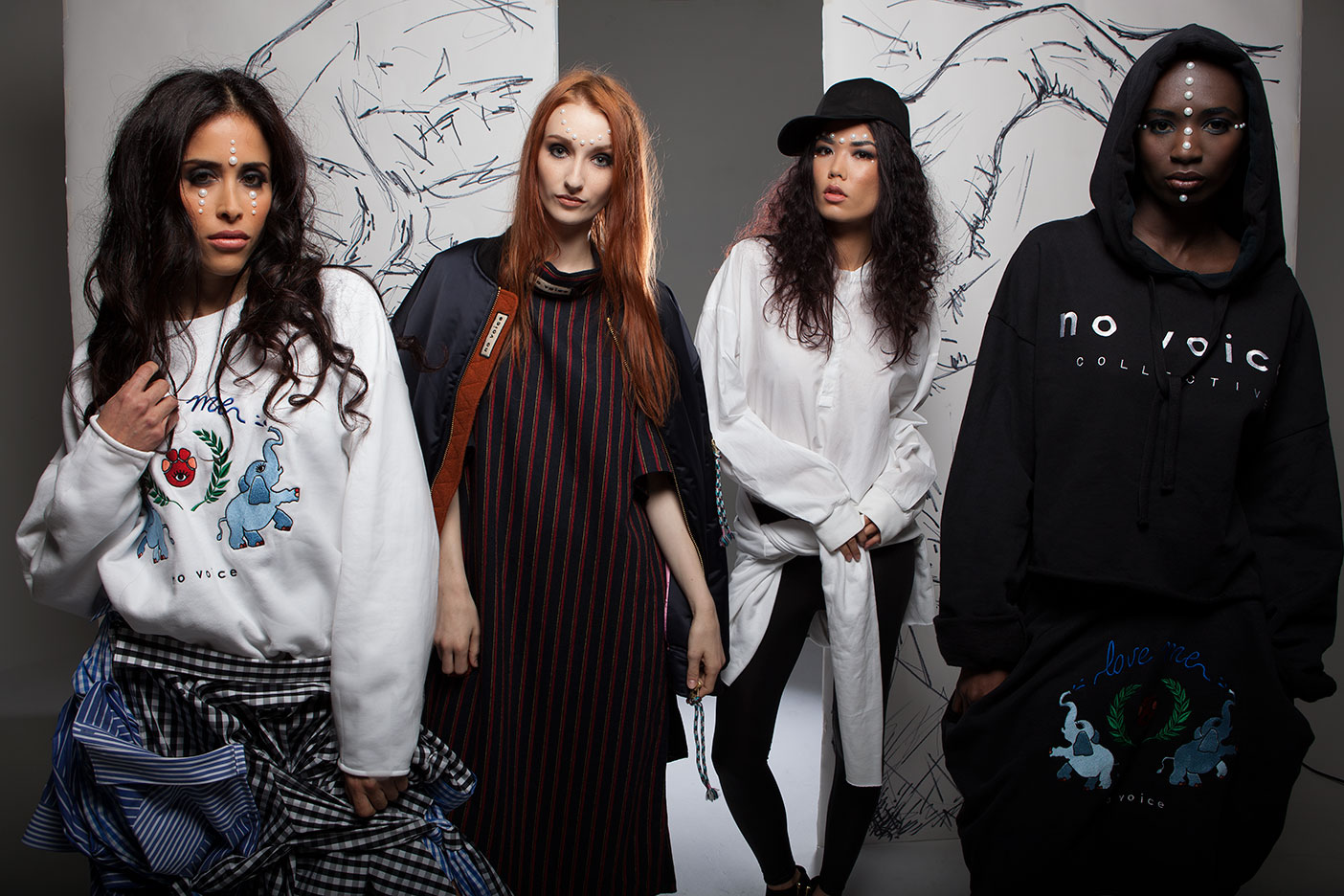 Elephantasia SS17 models Claudia Lorena, Sofia Tveter, Amy Gee and Binta Dibba in NOVOICE. Photography by DeCarbon Azul, makeup by Rick Toth/Kennedy L, and hair by Rose Prado.