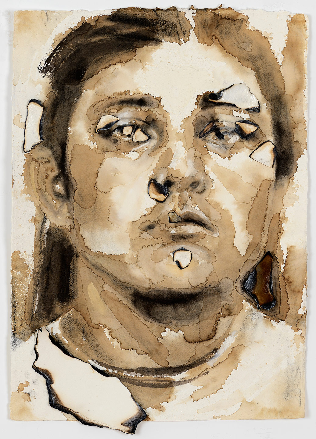 Adelfa, 2017<br>Coffee, gouache, burned paper and charcoal on Khadi paper.  79 x 54 x 5 centimeters / 31 x 21 x 2 inches 