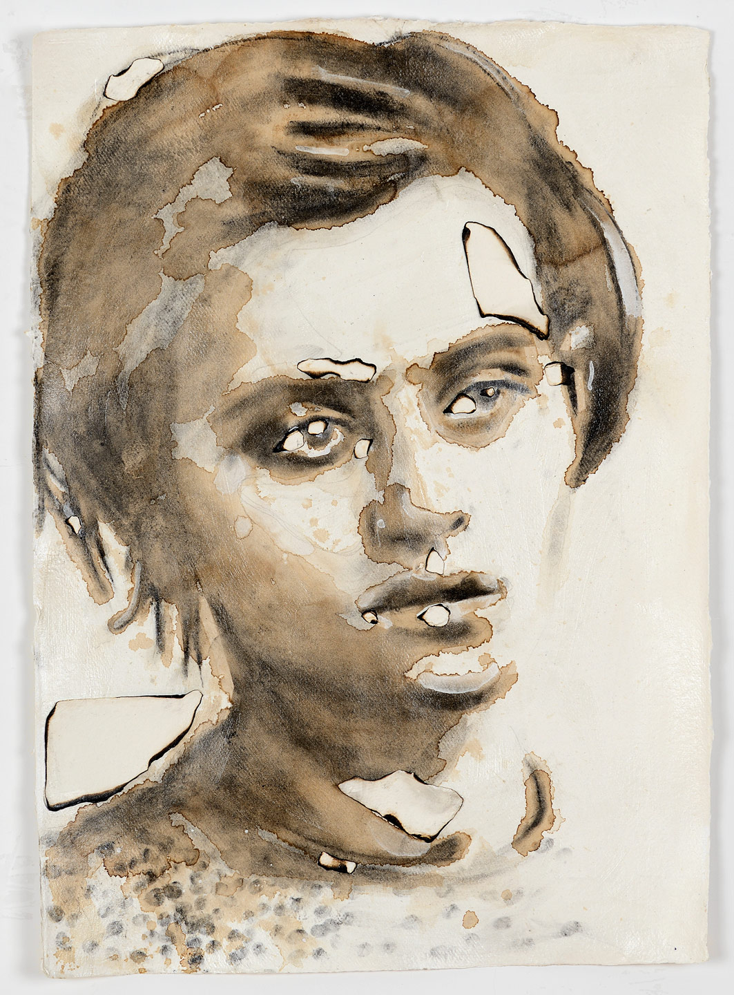 Anonymous Girl, 2017<br>Coffee, burned paper and charcoal on Khadi paper.  77 x 55 x 4 centimeters / 30 x 23 x 2 inches 