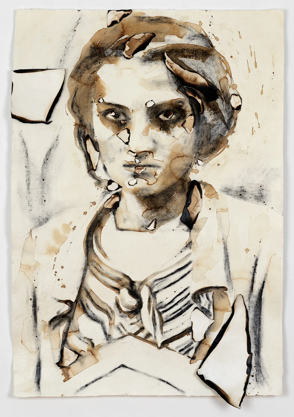 Aurora, 2017<br>Coffee, burned paper and charcoal on Khadi paper.  140 x 96 x 10 centimeters / 55 x 38 x 4 inches