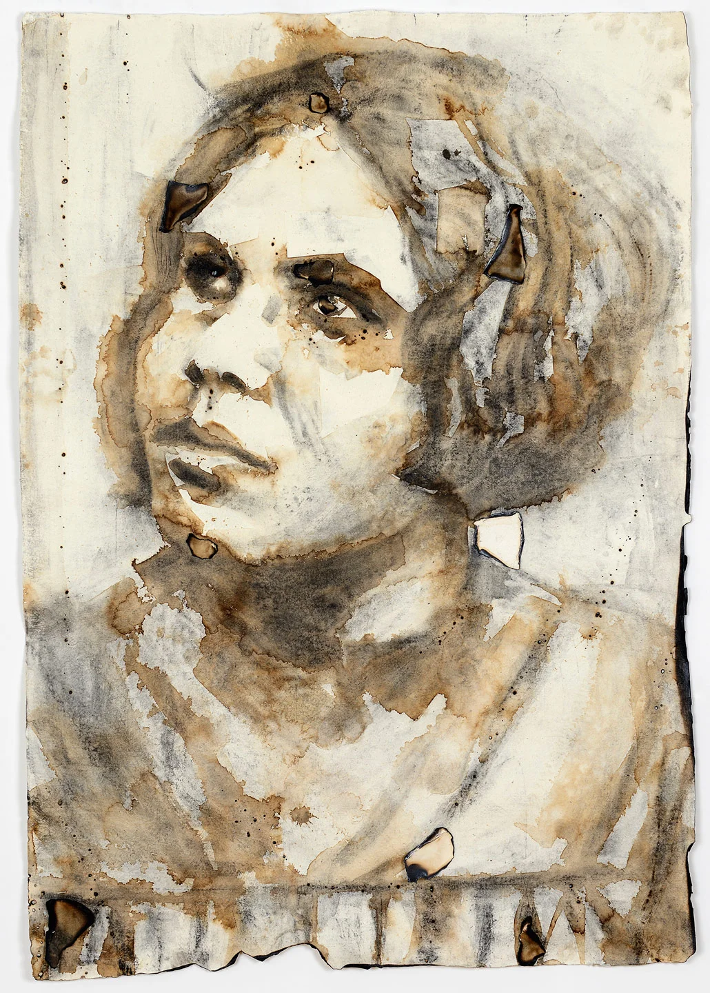 Ilde, 2018<br>Coffee, burned paper and charcoal on Khadi paper.  135 x 95 x 5 centimeters / 53 x 37 x 2 inches