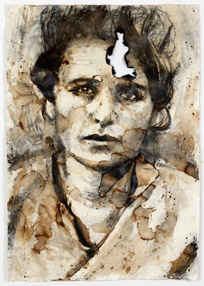 Allegra, 2017<br>Coffee, burned paper and charcoal on Khadi paper.  135 x 95 x 5 centimeters / 53 x 37 x 2 inches