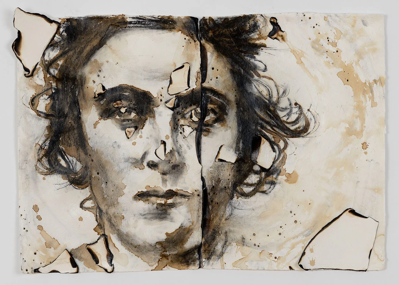Armidia, 2017<br>Coffee, burned paper and charcoal on Khadi paper  79 x 110 x 7 centimeters / 31 x 43 x 3 inches