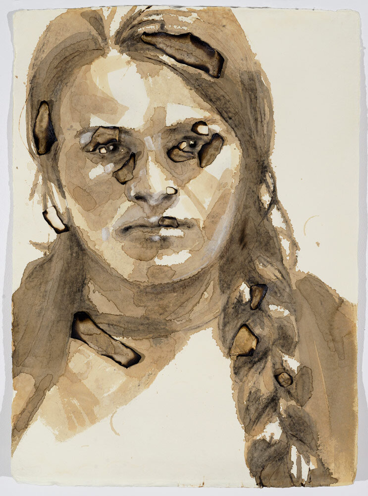 Eusebia, 2018<br>Coffee, charcoal, gouache and burned paper on Khadi paper  76 x 56 x 4 centimeters / 30 x 22 x 2 inches 