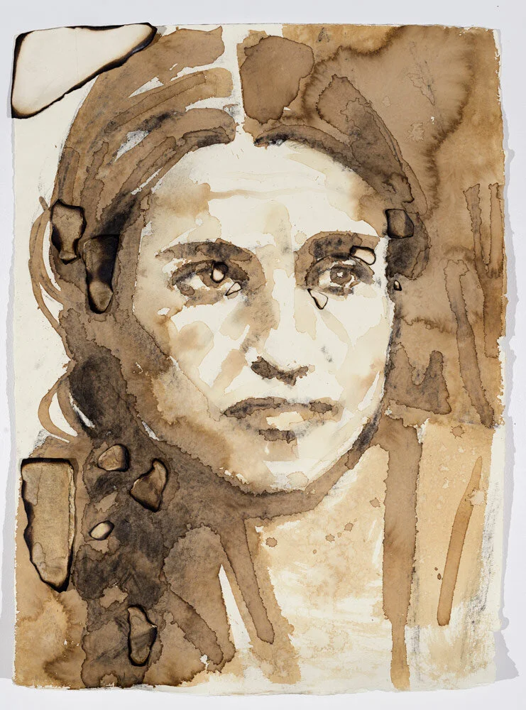 Gabriella, 2018<br>Coffee, charcoal and burned paper on Khadi paper  76 x 56 x 4 centimeters / 30 x 22 x 2 inches