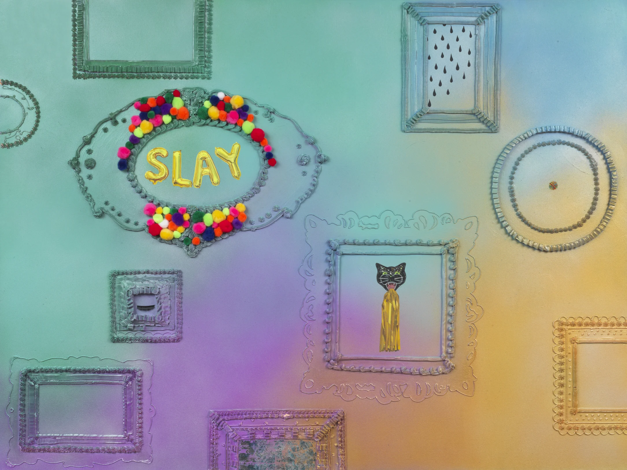 Slay, oil on canvas with pom poms, 36" x 48", 2018