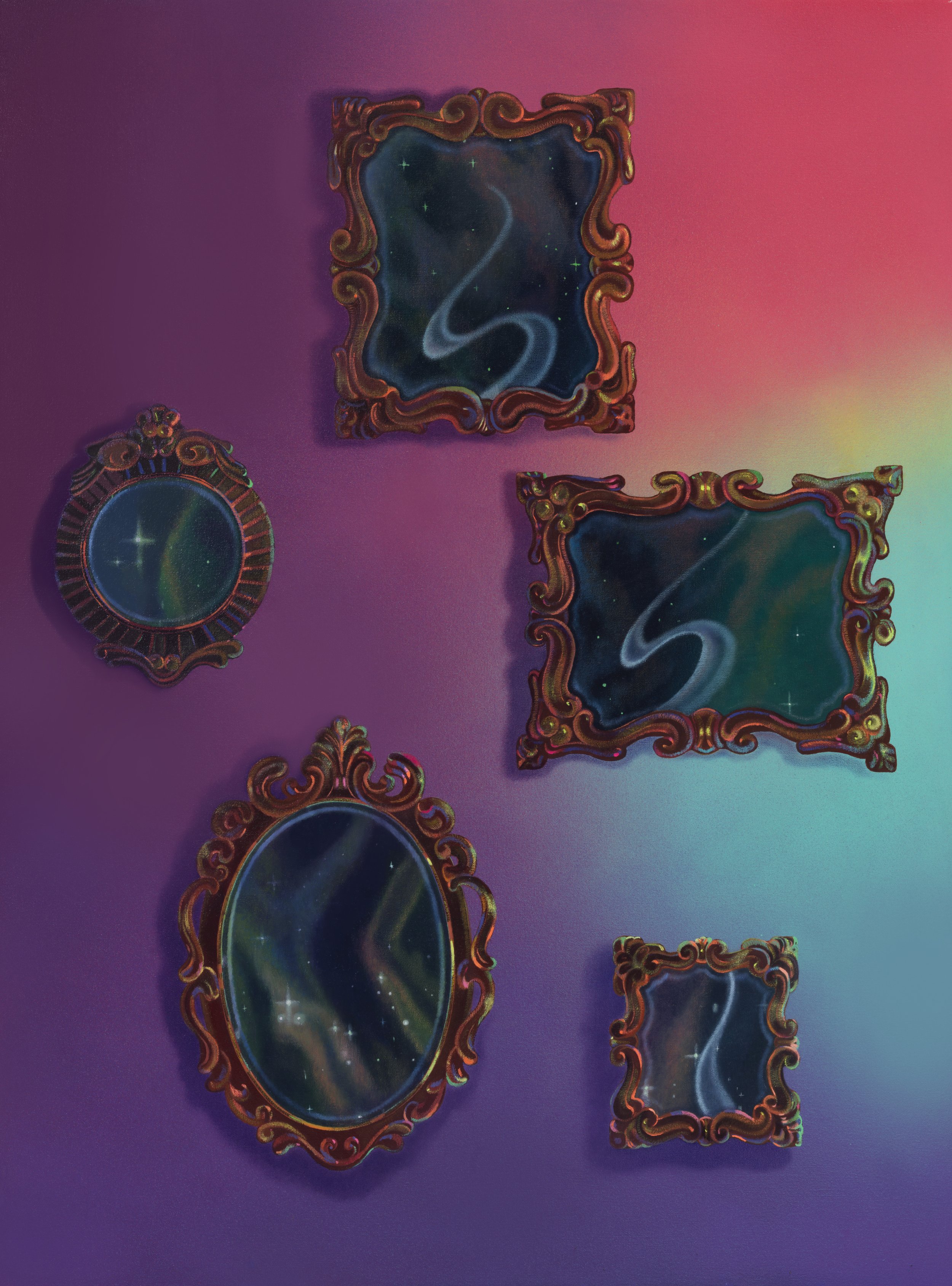 Five Mirrors, oil and acrylic on canvas, 40" x 30", 2023
