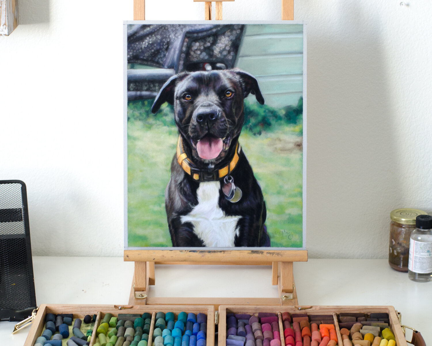  “Dylan” - Labrador retriever/pitbull mixed breed dog in soft pastel, 11” x 14” 