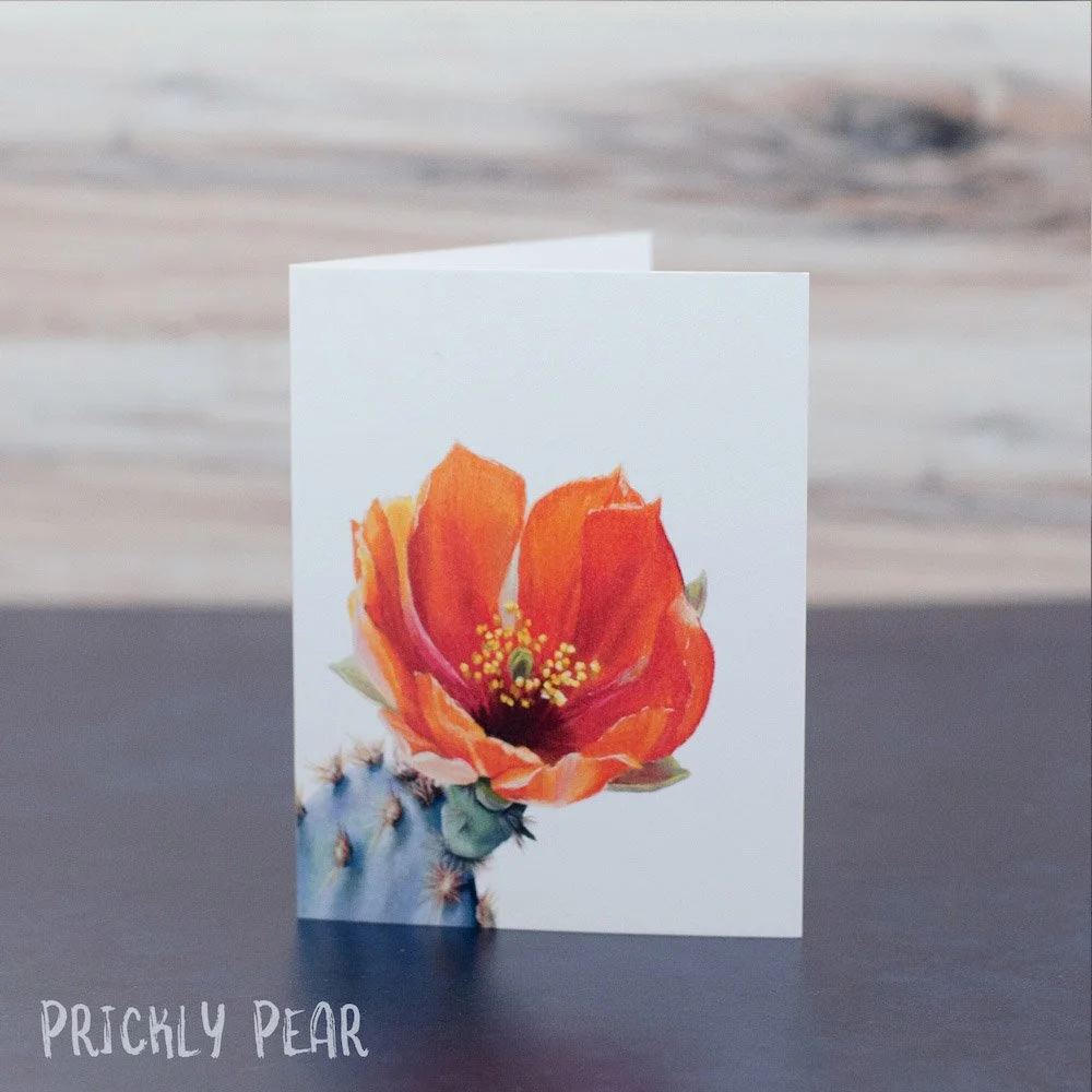 Detailed pastel drawing of a prickly pear cactus and orange flower blossom. Illustration is printed on a blank greeting card.