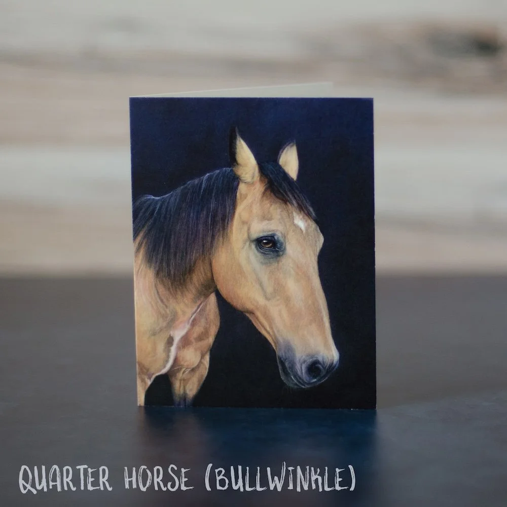 Pastel drawing of a tan quarter horse with a black mane. Art is shown printed on a blank greeting card.