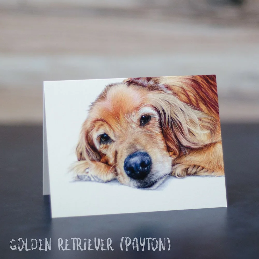 Colored pencil drawing of a very sweet looking, red golden retriever lying down. Art is shown printed on a blank greeting card.