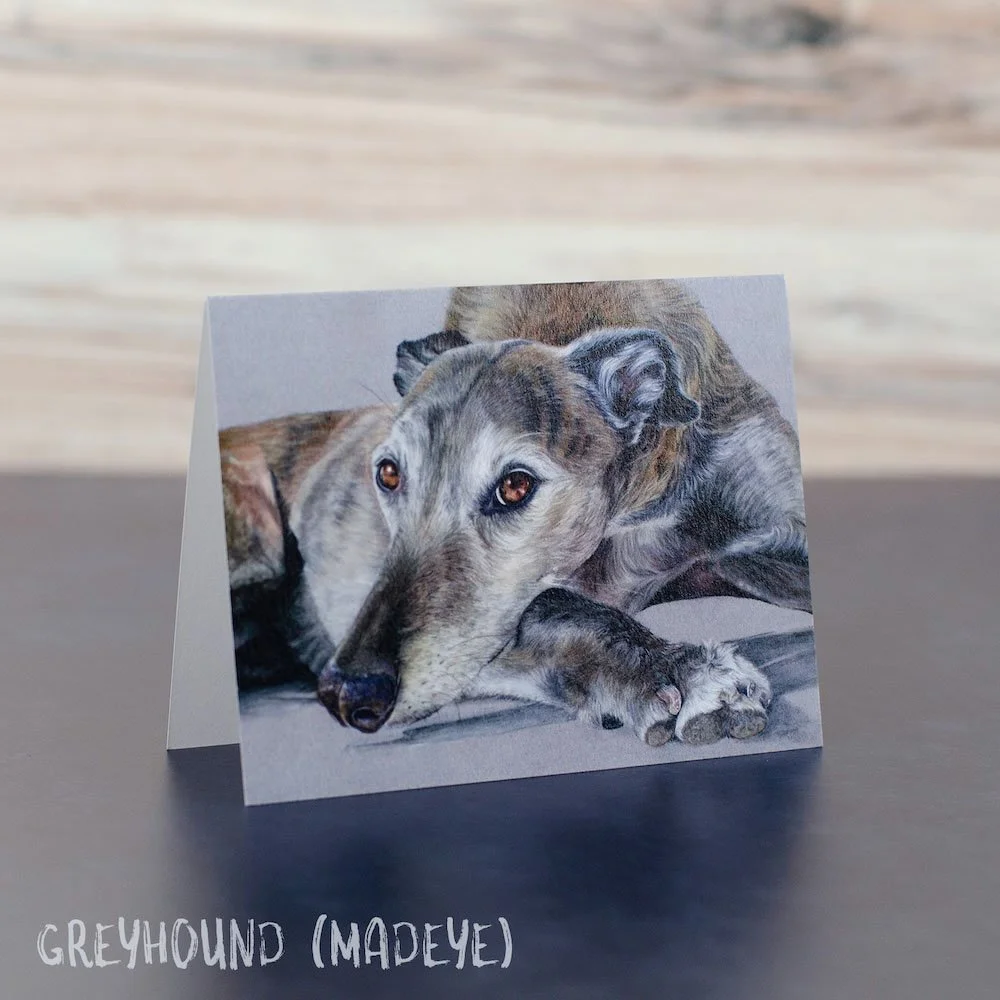 Pastel painting of a brindle greyhound that is lying down and looking at the viewer. Art is printed on a blank greeting card.