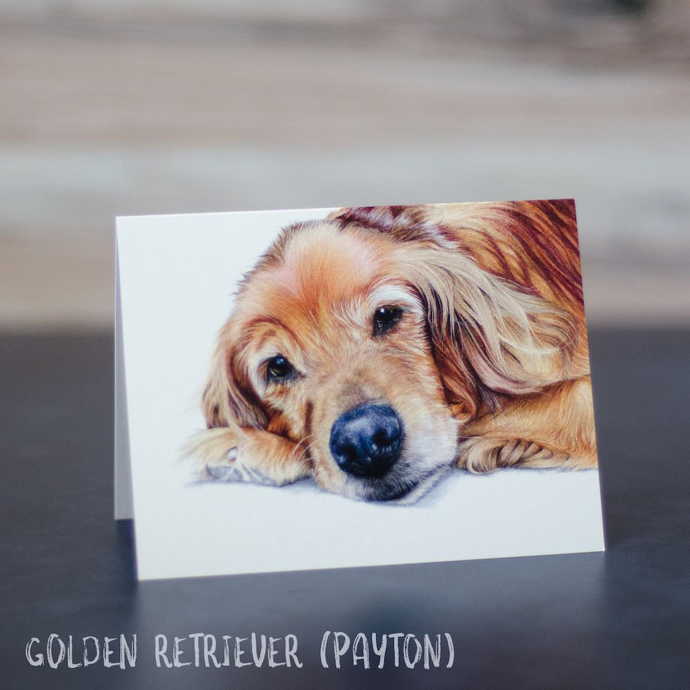 Colored pencil drawing of a red golden retriever lying down. His expression is sweet. Art is printed on a blank greeting card.