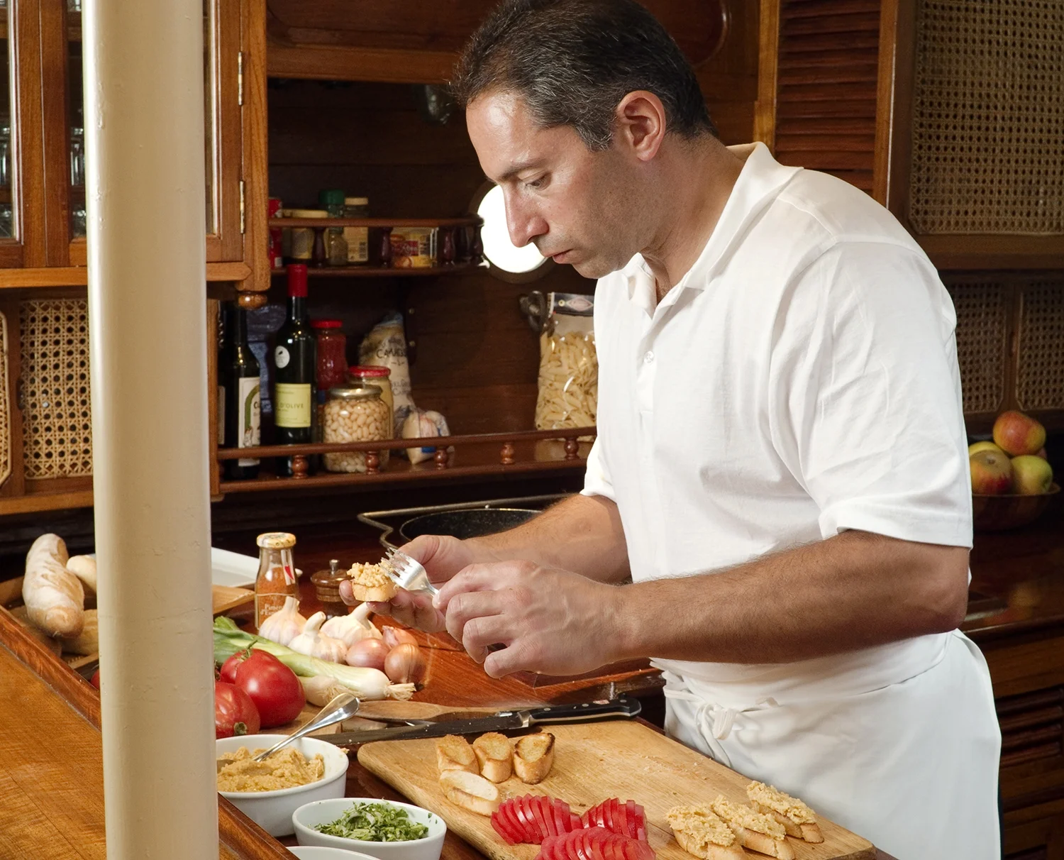 In the galley of the classic saiing yacht Sunshine. Photo courtesy Paul Moore.