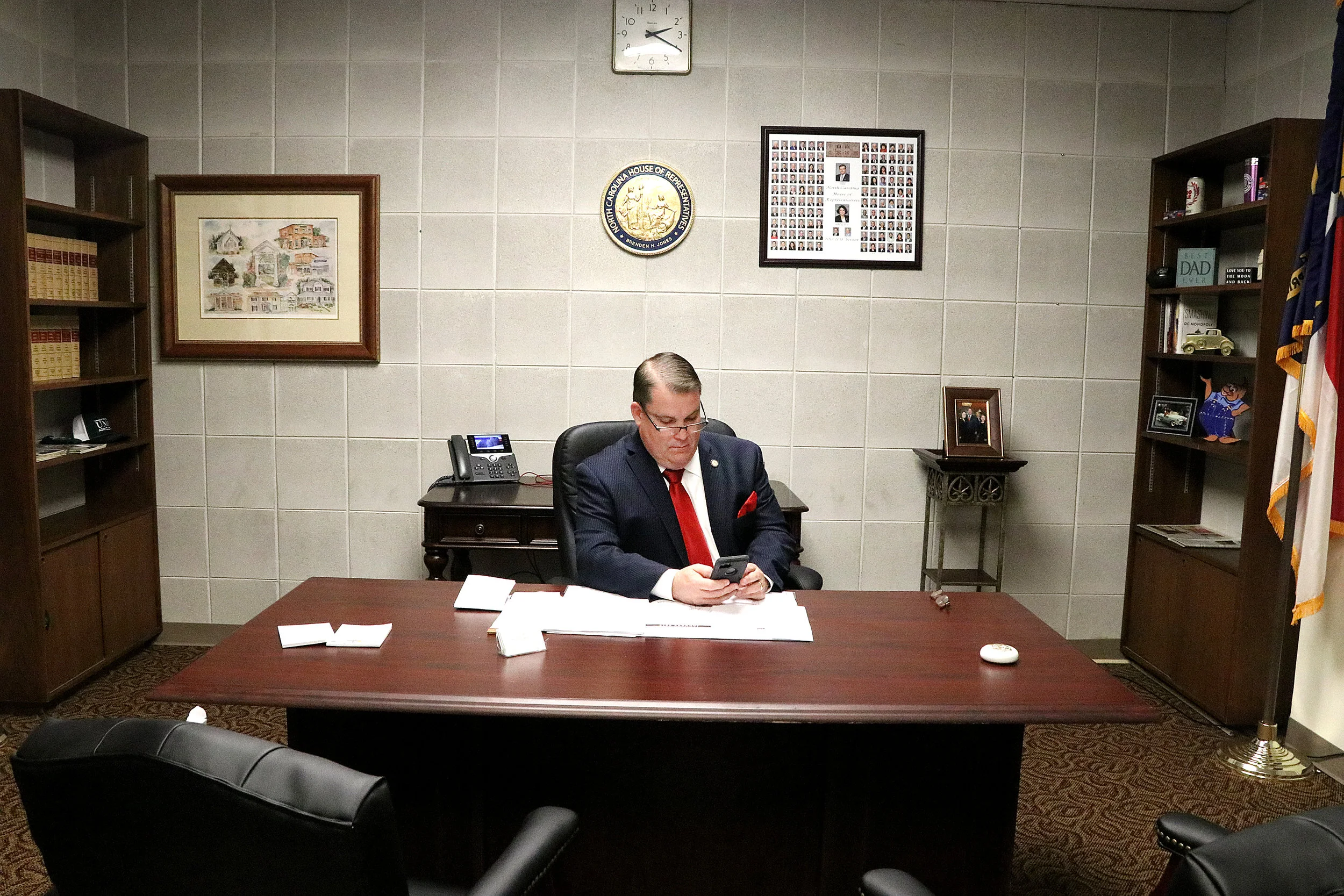 Rep. Brenden Jones (R-Columbus) works in his new office Wednesday in the Legislative Building. The office, which is four times larger than his previous one, is a result of Jones’ new leadership post as deputy majority leader.