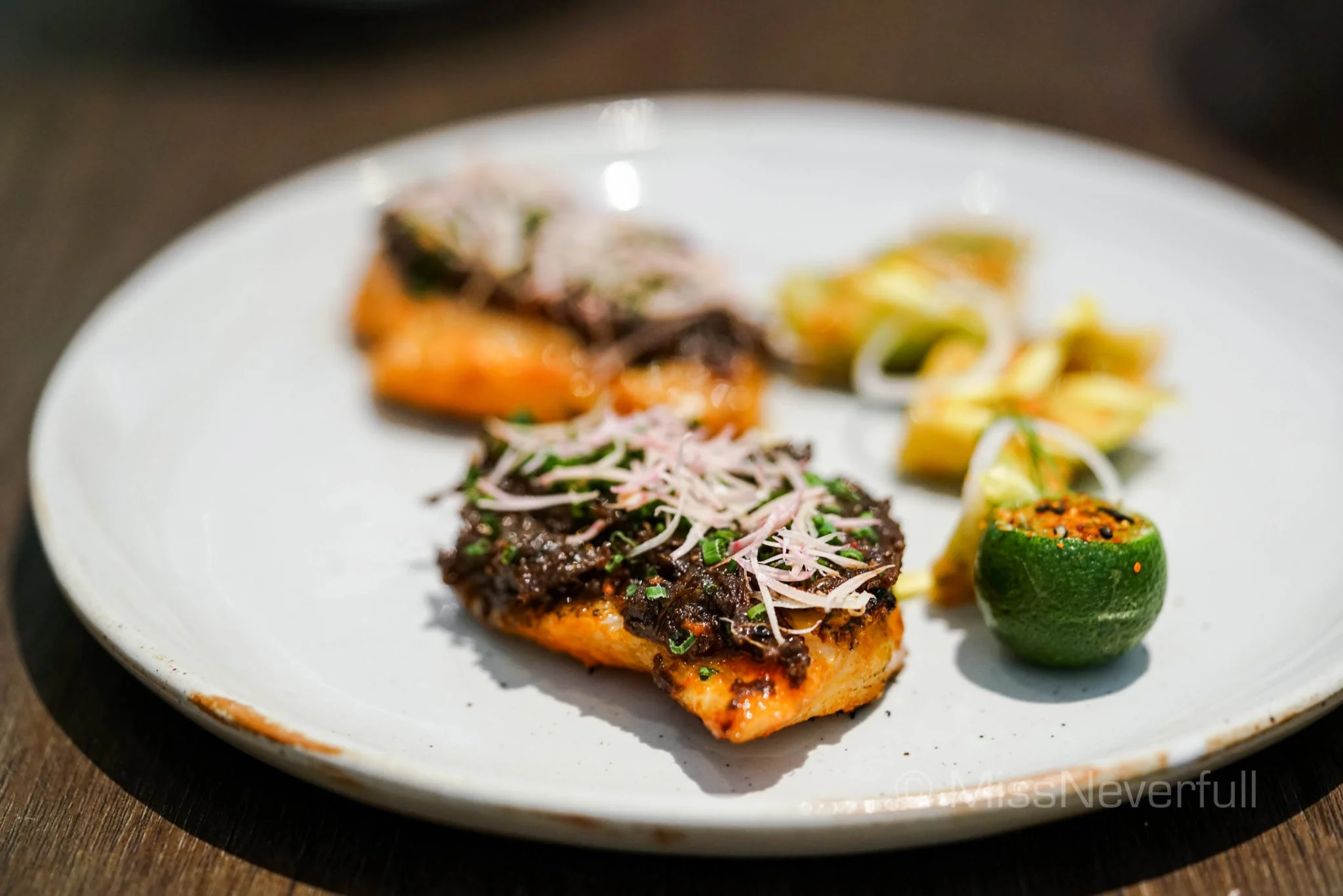 Charcoal Grilled Red Lion Snapper, Black Mangga Sambal, Ginger Flower