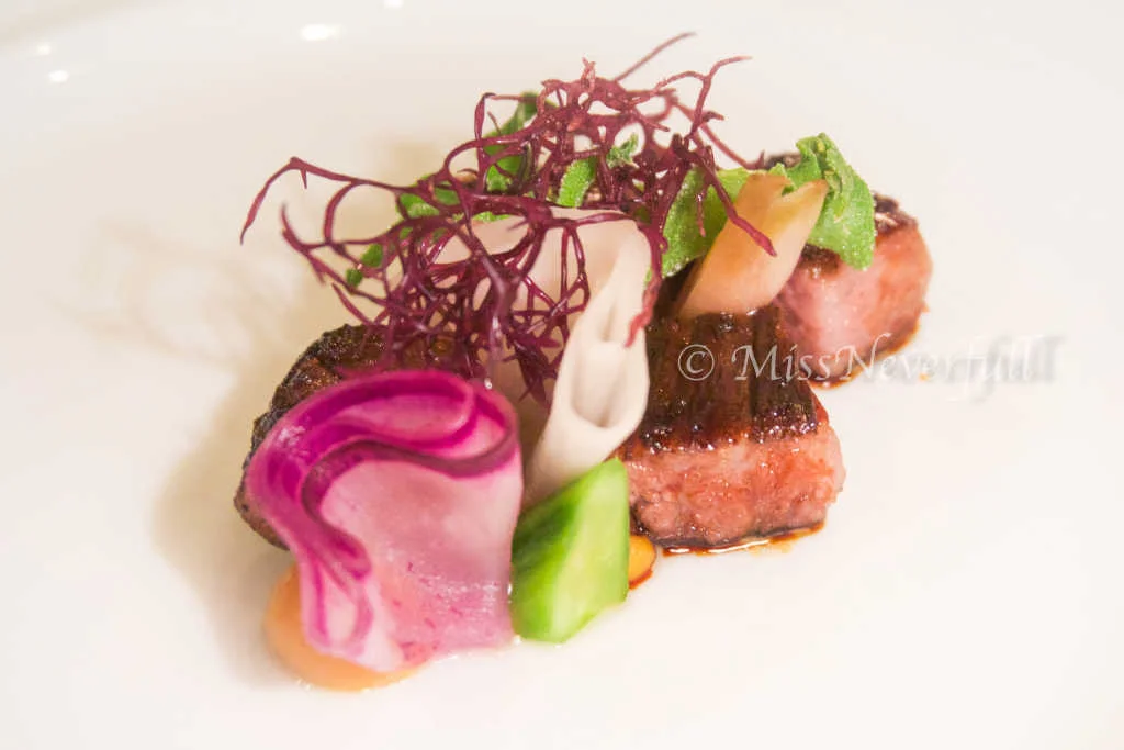 Charcoal grilled David Blackmore wagyu, Japanese pickles, miso mustard, ice plant