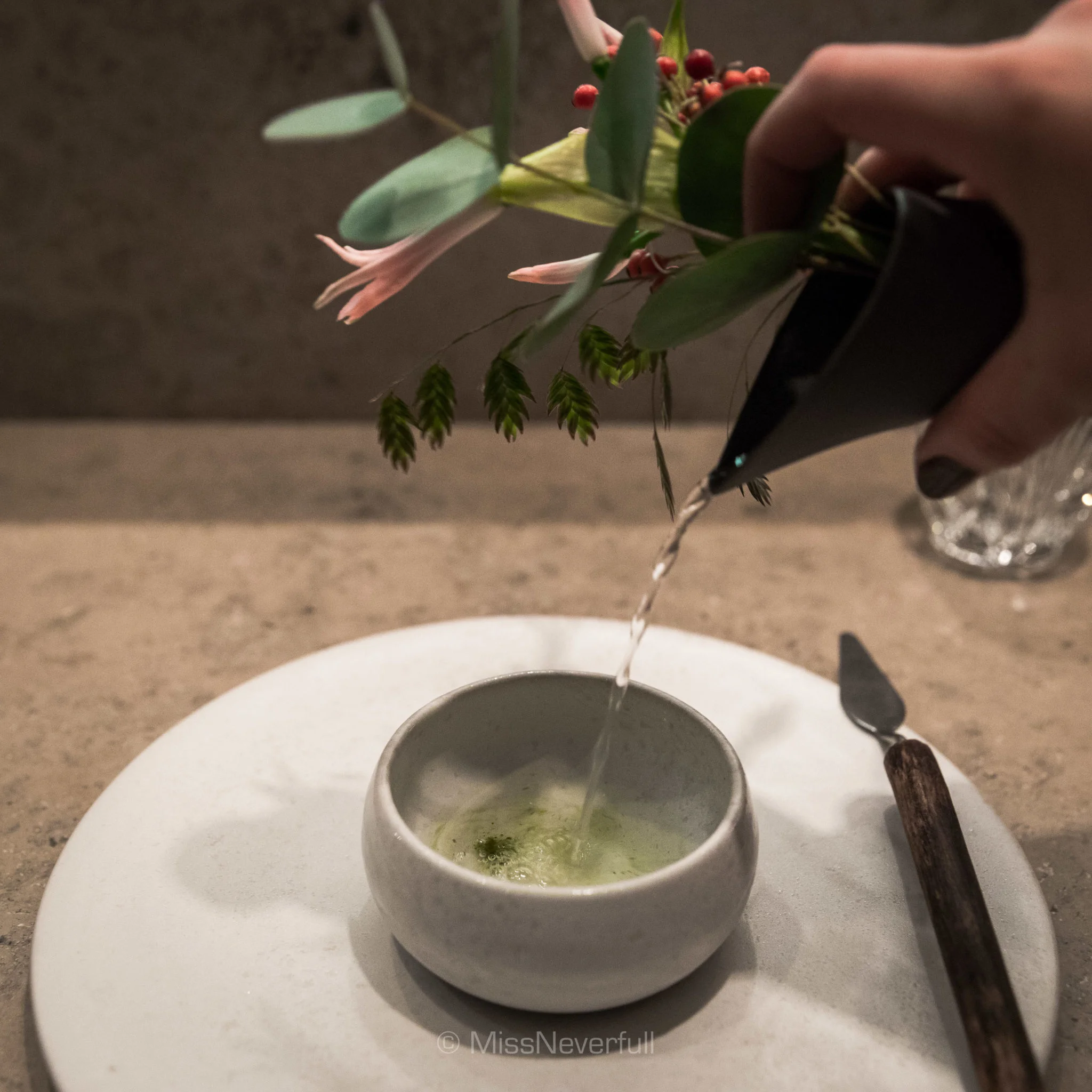 Flower water, gooseberries and pine granite