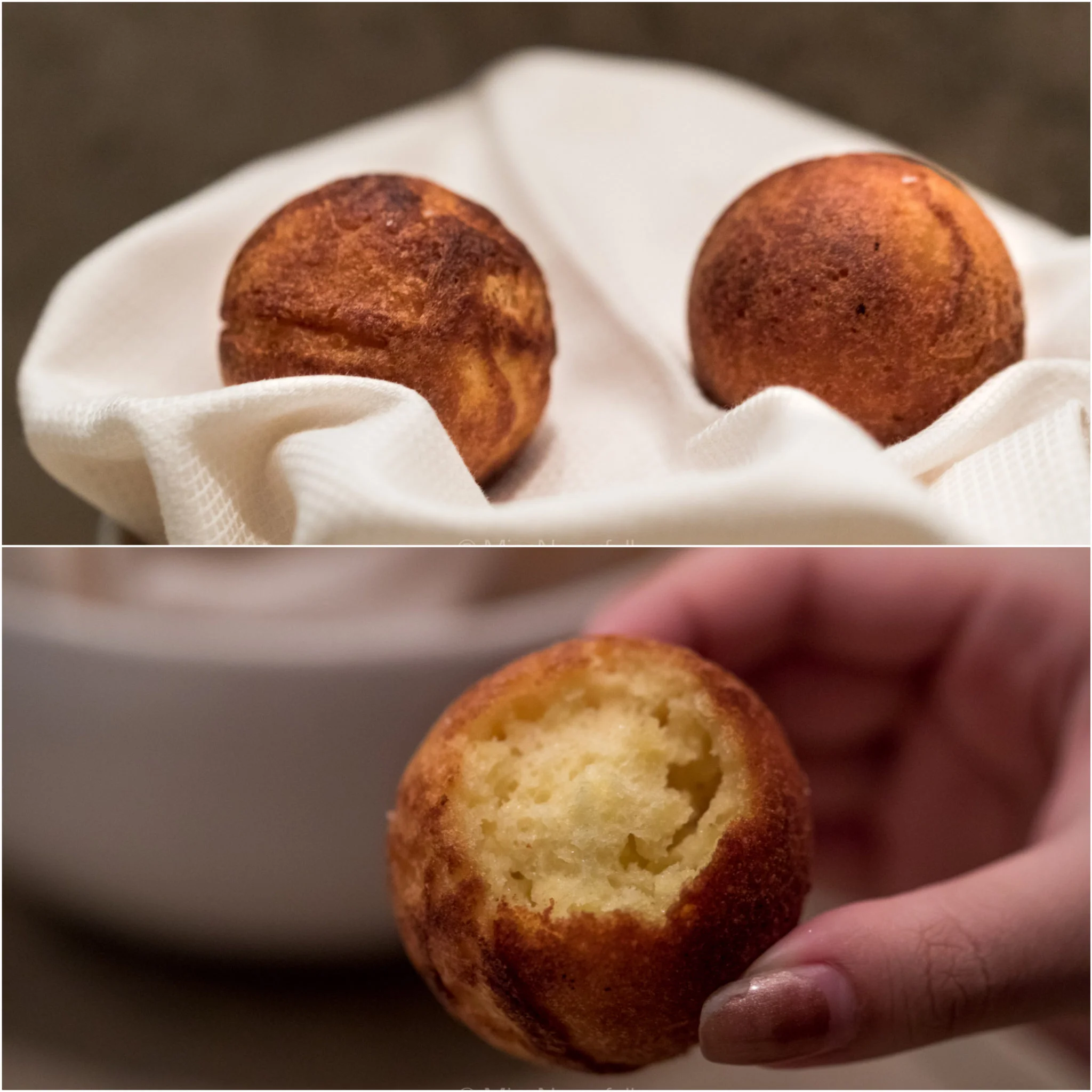 Æbleskiver fried in chicken fat and skin, served with crab salad