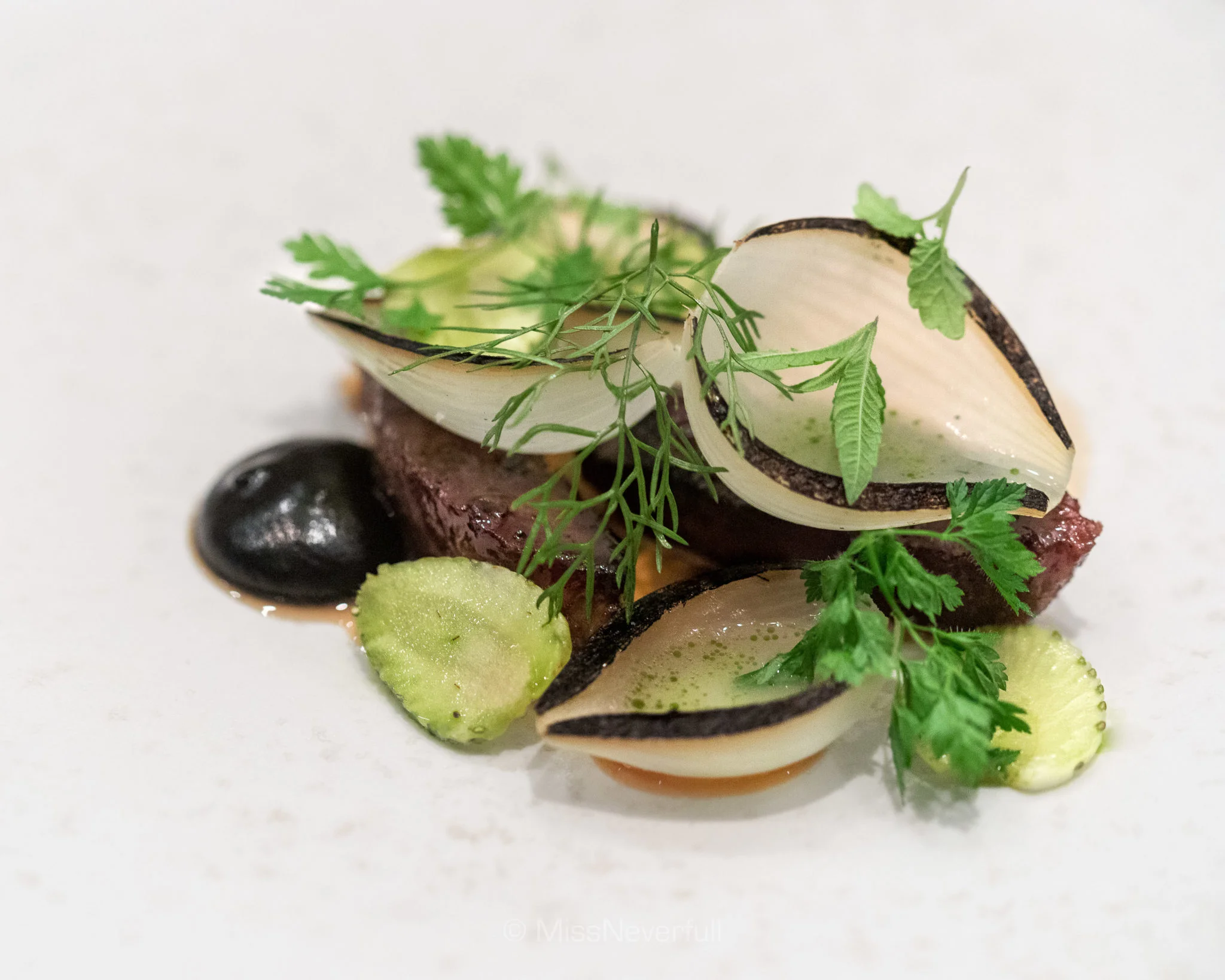 5. Grilled pork cheek, green strawberries, silver onion and thyme