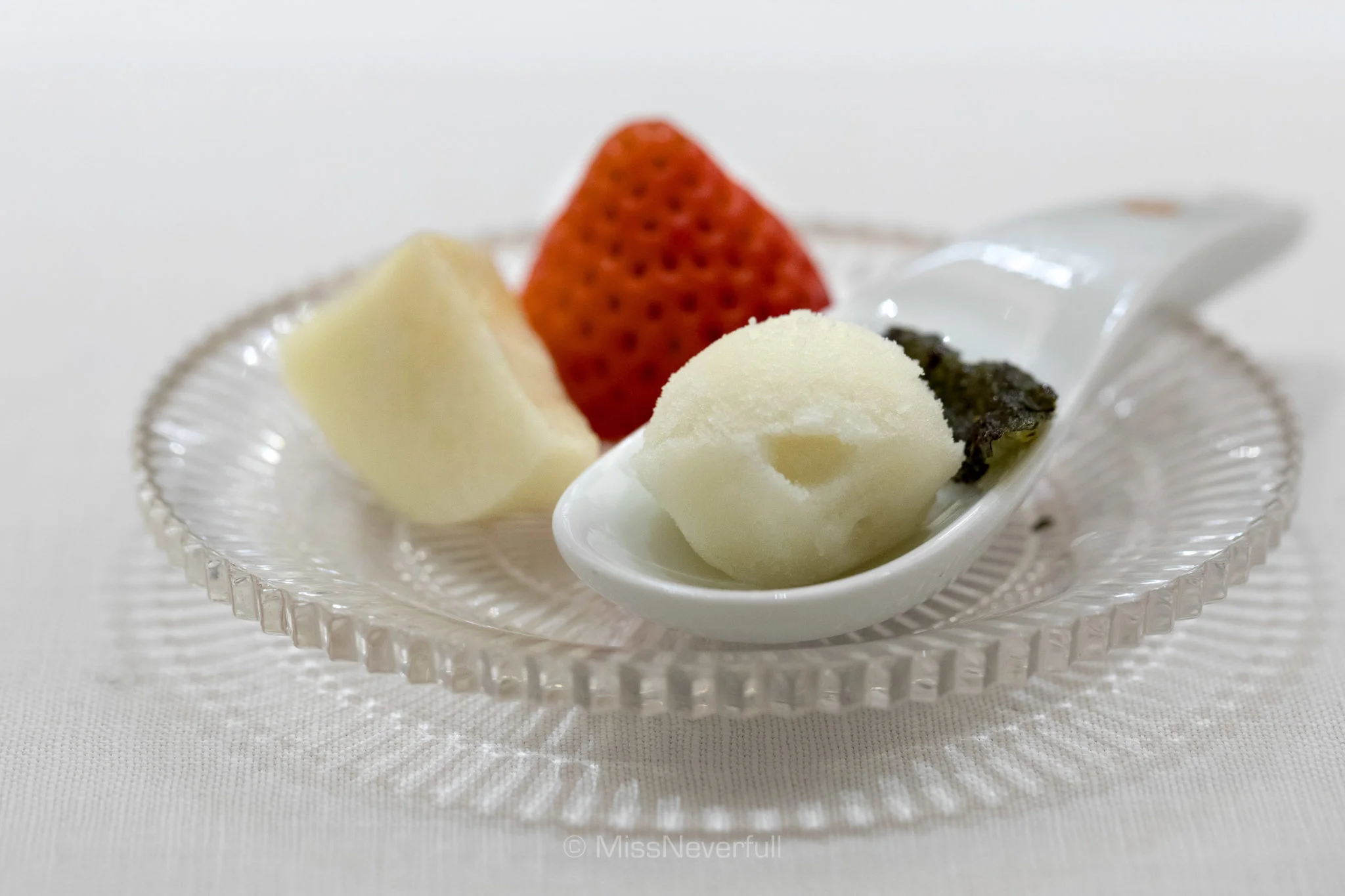 Petit fours: strawberries, pear, baked tea sorbet and dried baked tea leaf (from Fujian, China)
