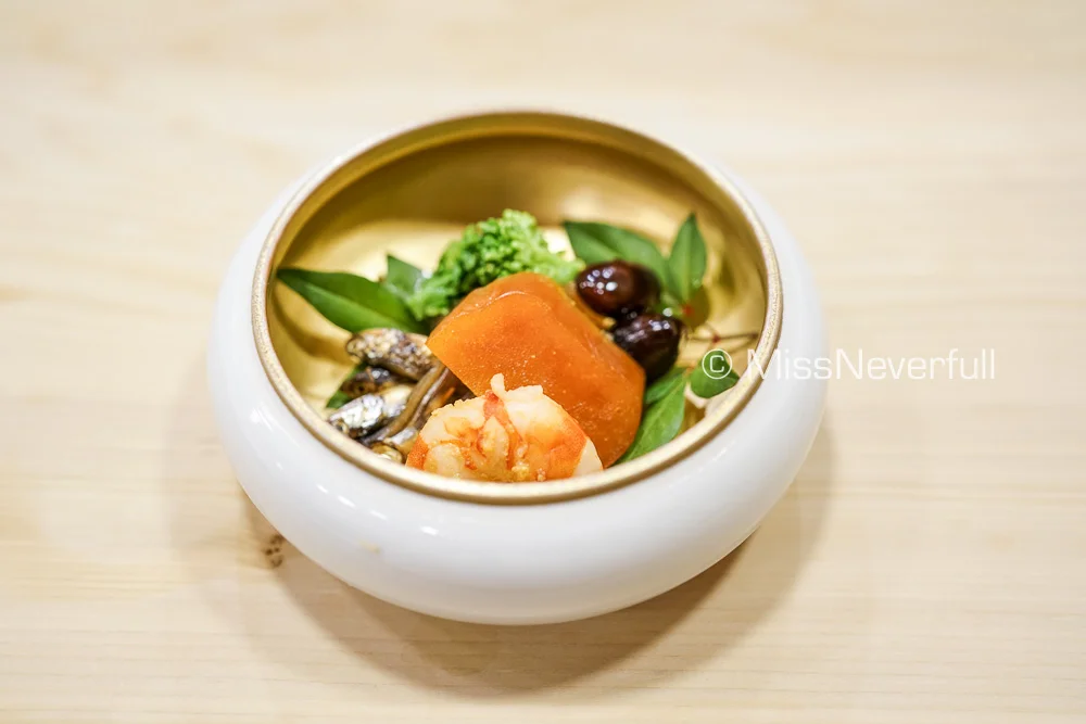 前菜: カラスミ 海老 黑豆 菜の花 | Karasumi, prawn, silver fish, broccoli, sweet black bean