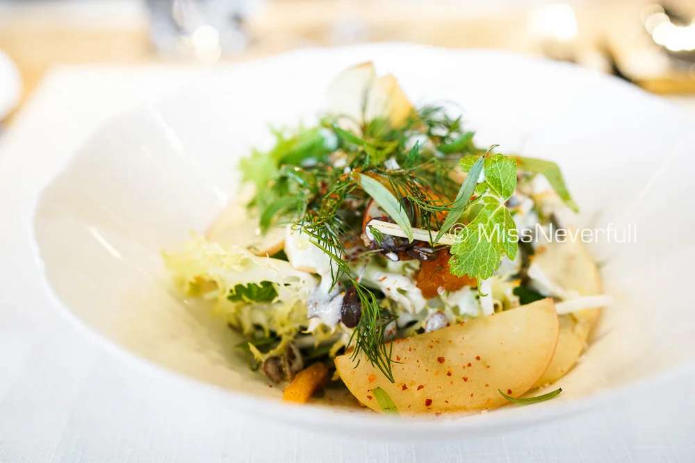 KOMITSU APPLE AND PERSIMMON SALAD, Toasted Pumpkin Seed and Yogurt Dressing