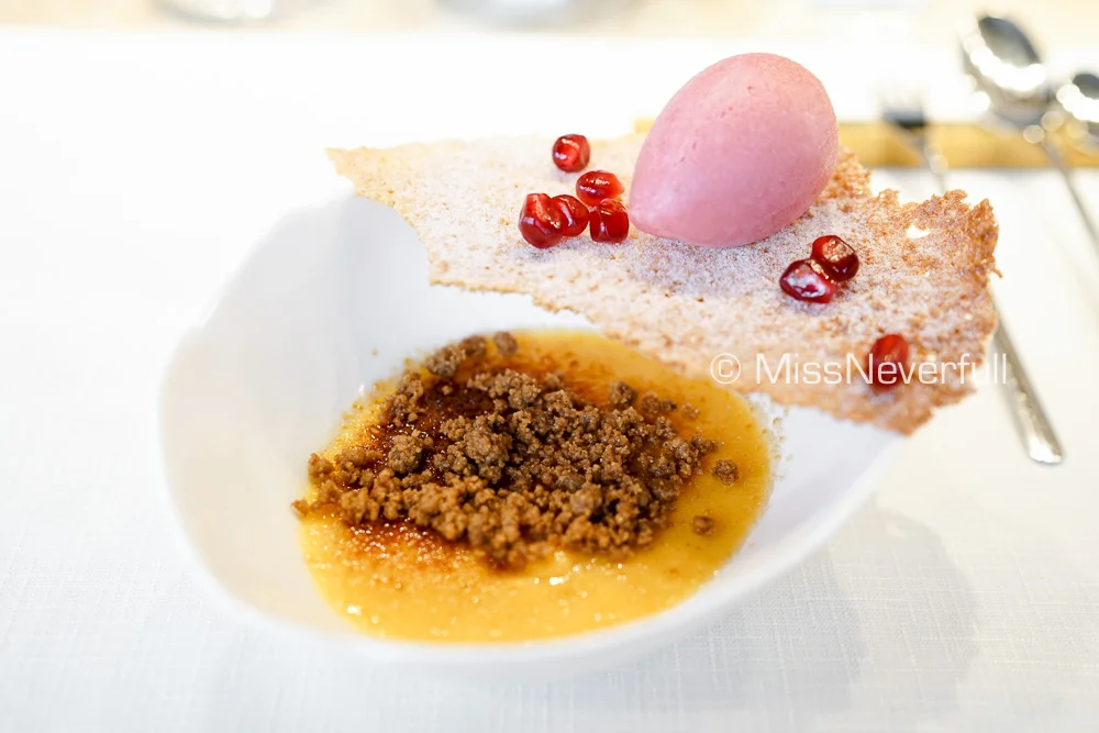 SPICED PUMPKIN CRÈME BRULEE, Pomegranate Sorbet