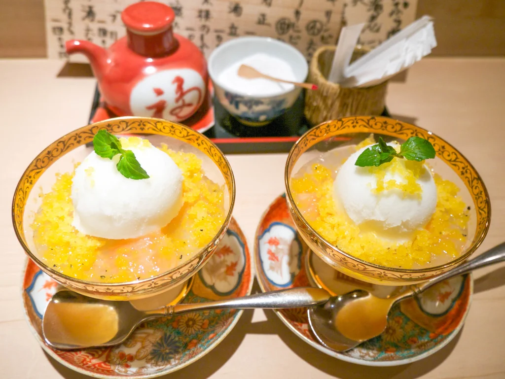 peach jelly with yuzu sorbet - very refreshing