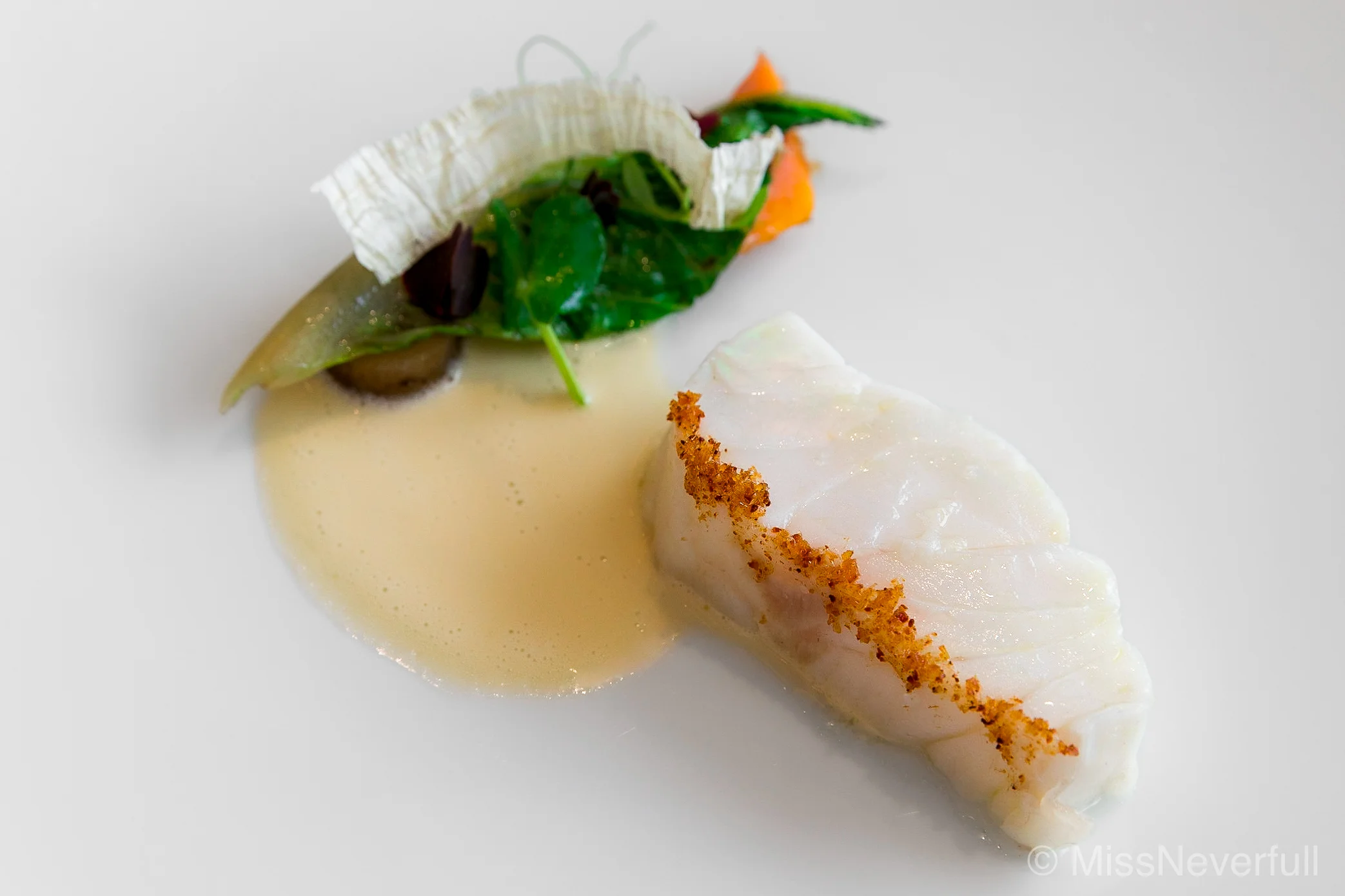 5. Kue (grouper), Sauce of white wine, crab consomme and wasabi