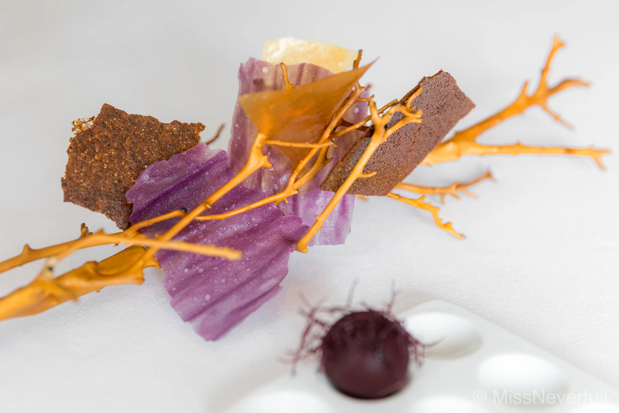 'Spring tree' Saint-Jacques, Porcino, Vitelotte (chips)