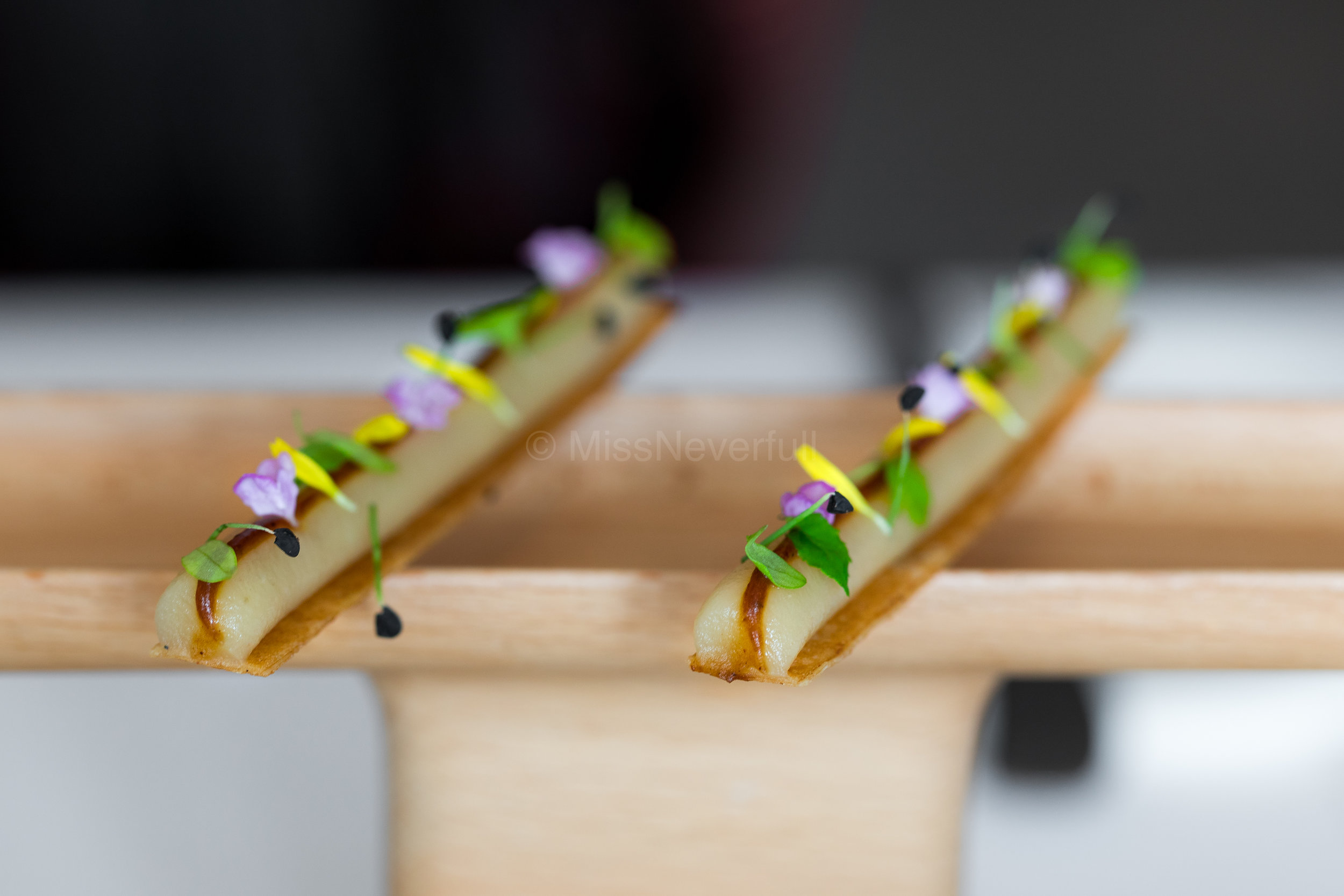Miso, celeric and wild flowers on chips