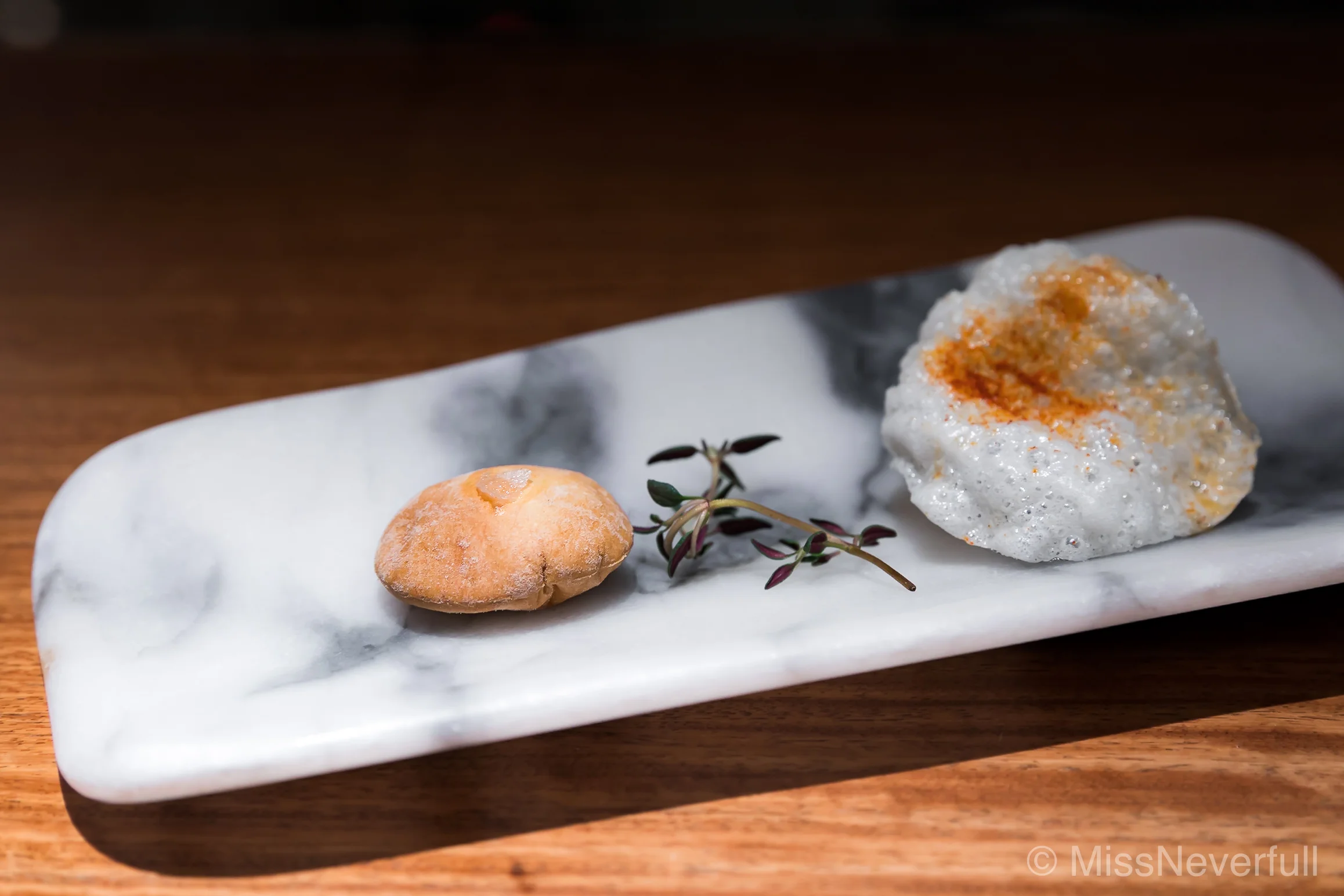 Amuse Bouche: Tomato and olive oil Petit Pain, Paprika rice crisp