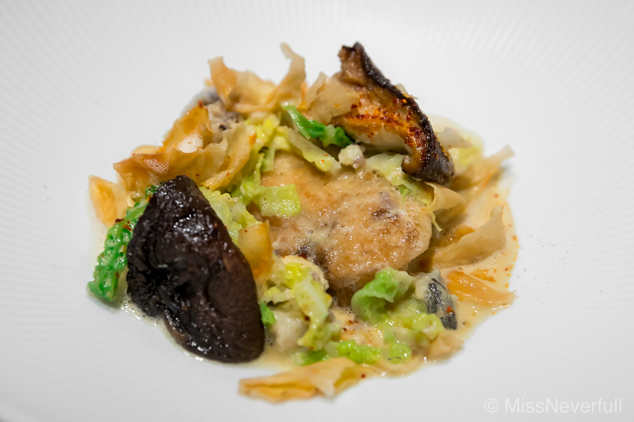 4. Hokkaido monkfish, sweet cabbage, king shiitake mushroom (北海道産アンコウ、茎芋、鳥取産茸王)