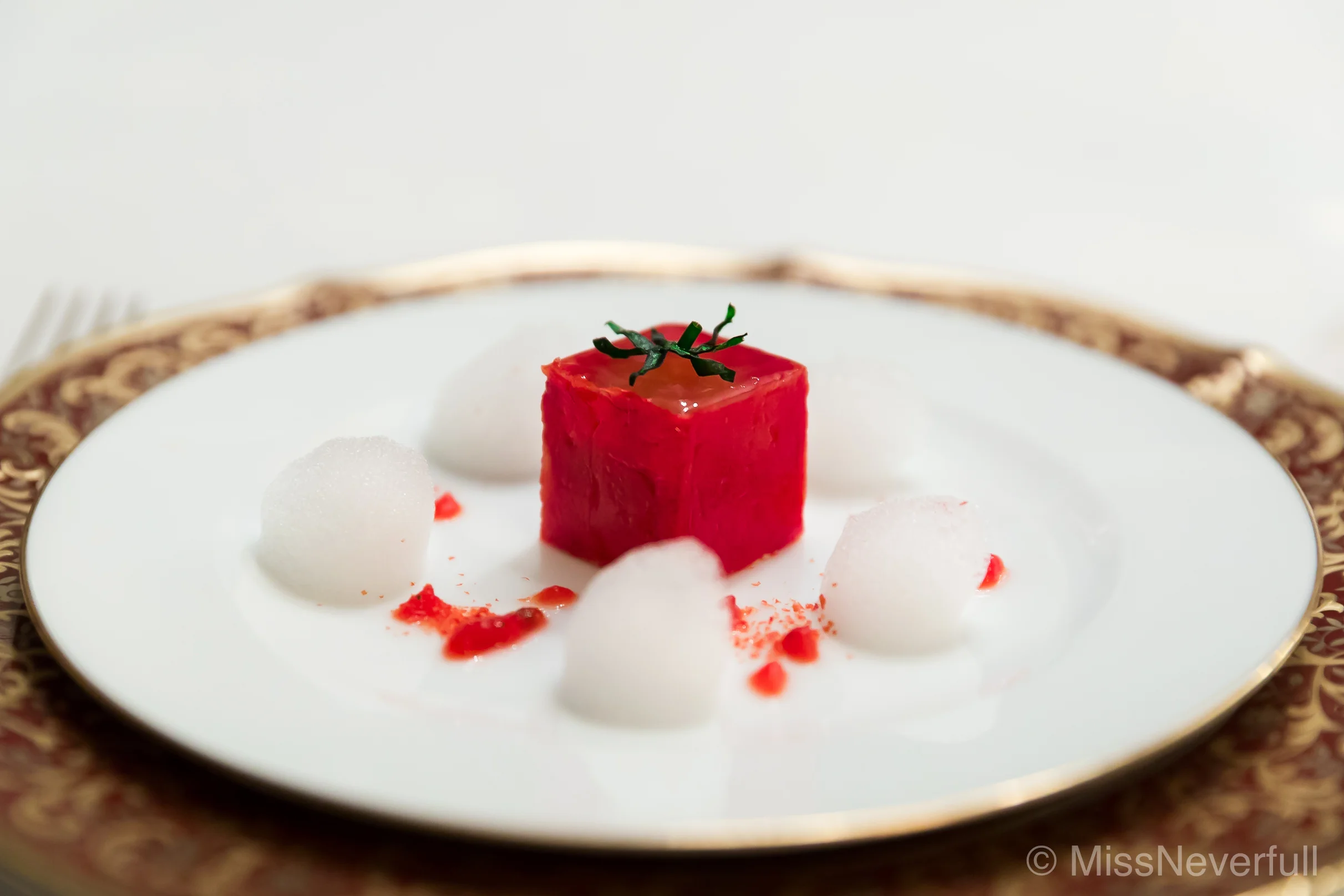 1. Tomato mousse inside tomato jelly with plum oil flavor