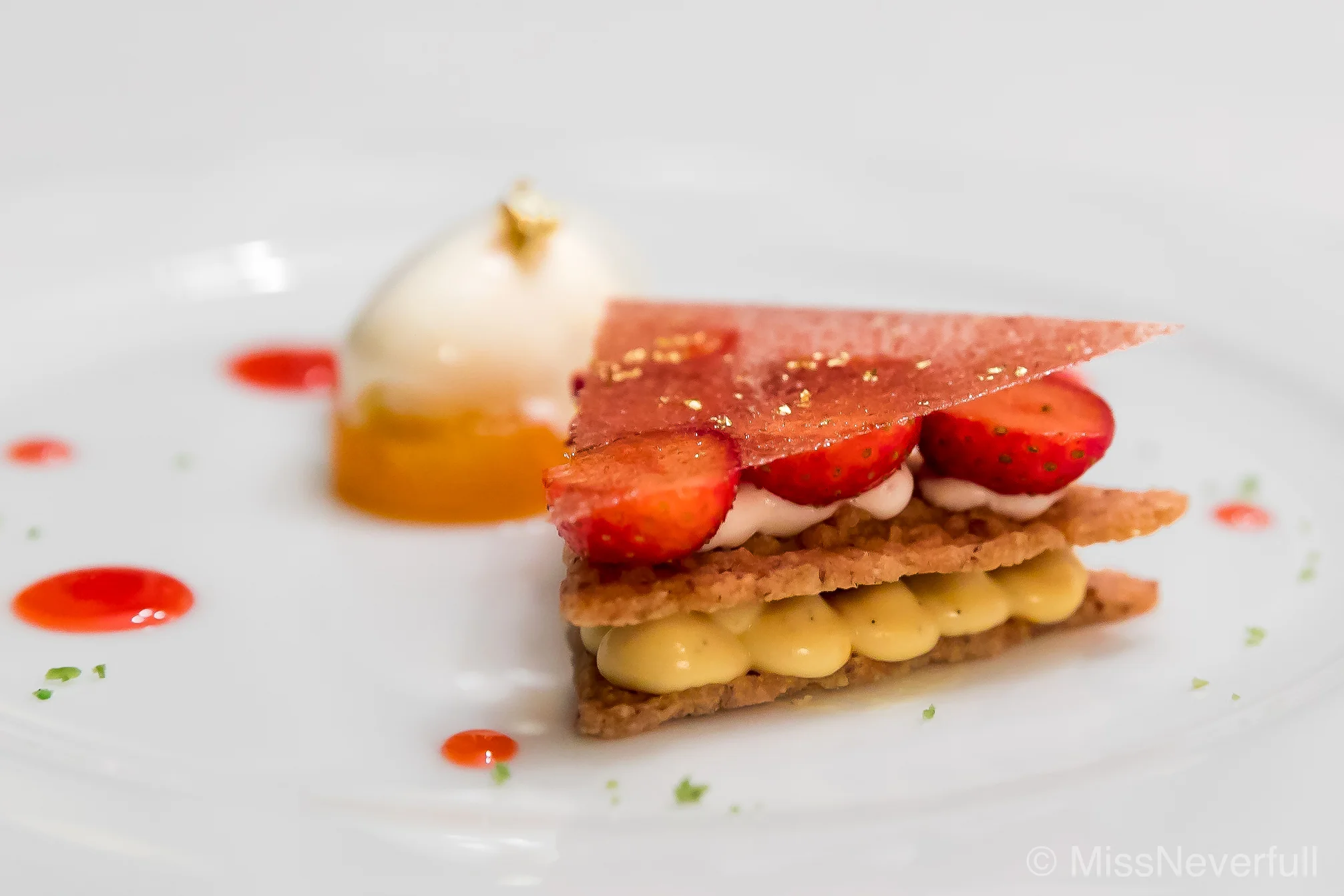 6. Dessert: Marinated strawberry and meringue with yogurt orange sorbet