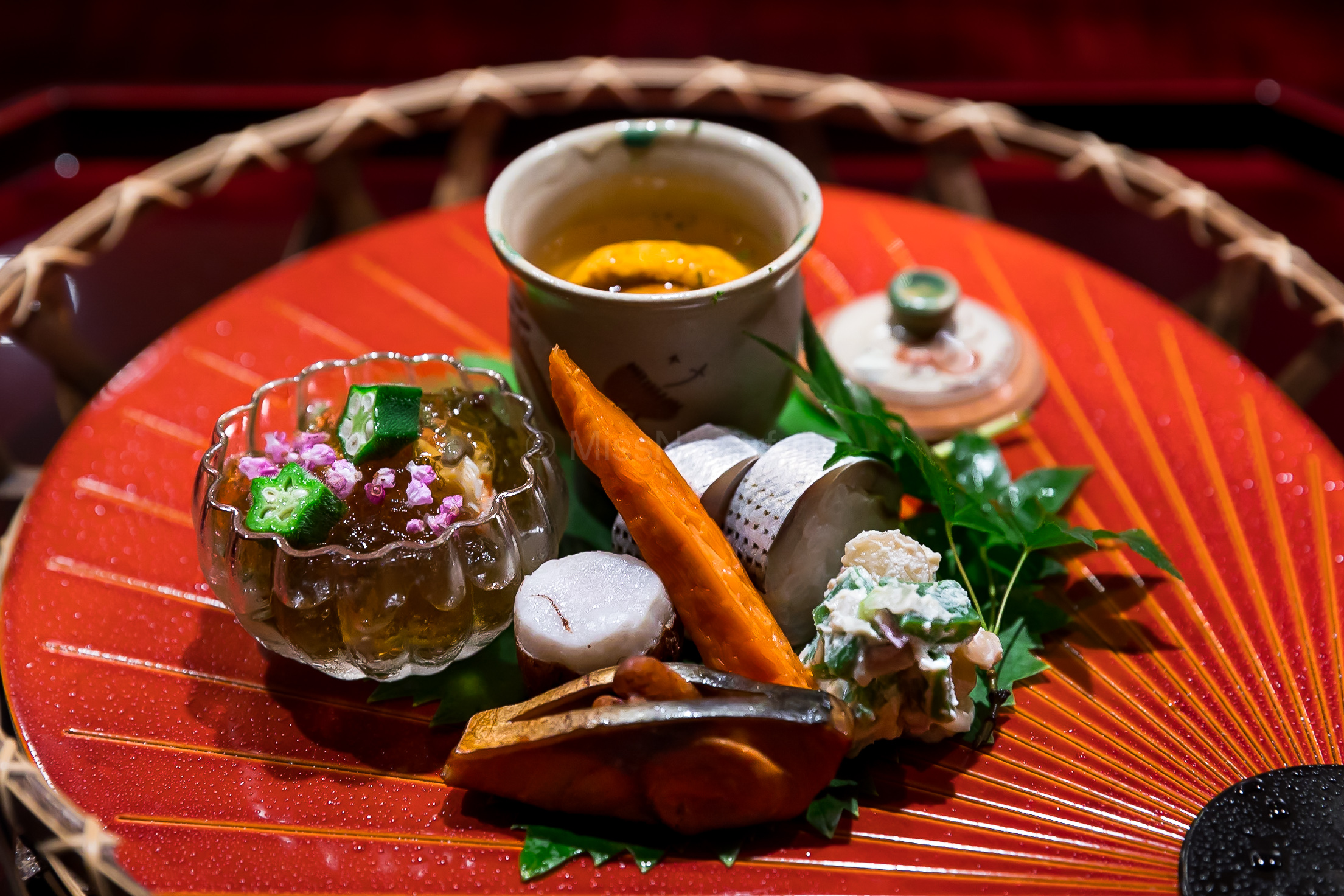 1. Murasaki uni chawanmushi, Hokkaido kegani 🦀️with dashi jelly and junsai, Kohada bozushi, Sato-imo taro, Grilled saba and walnut, Grilled bachiko, Myoga ginger and white seasame sauce