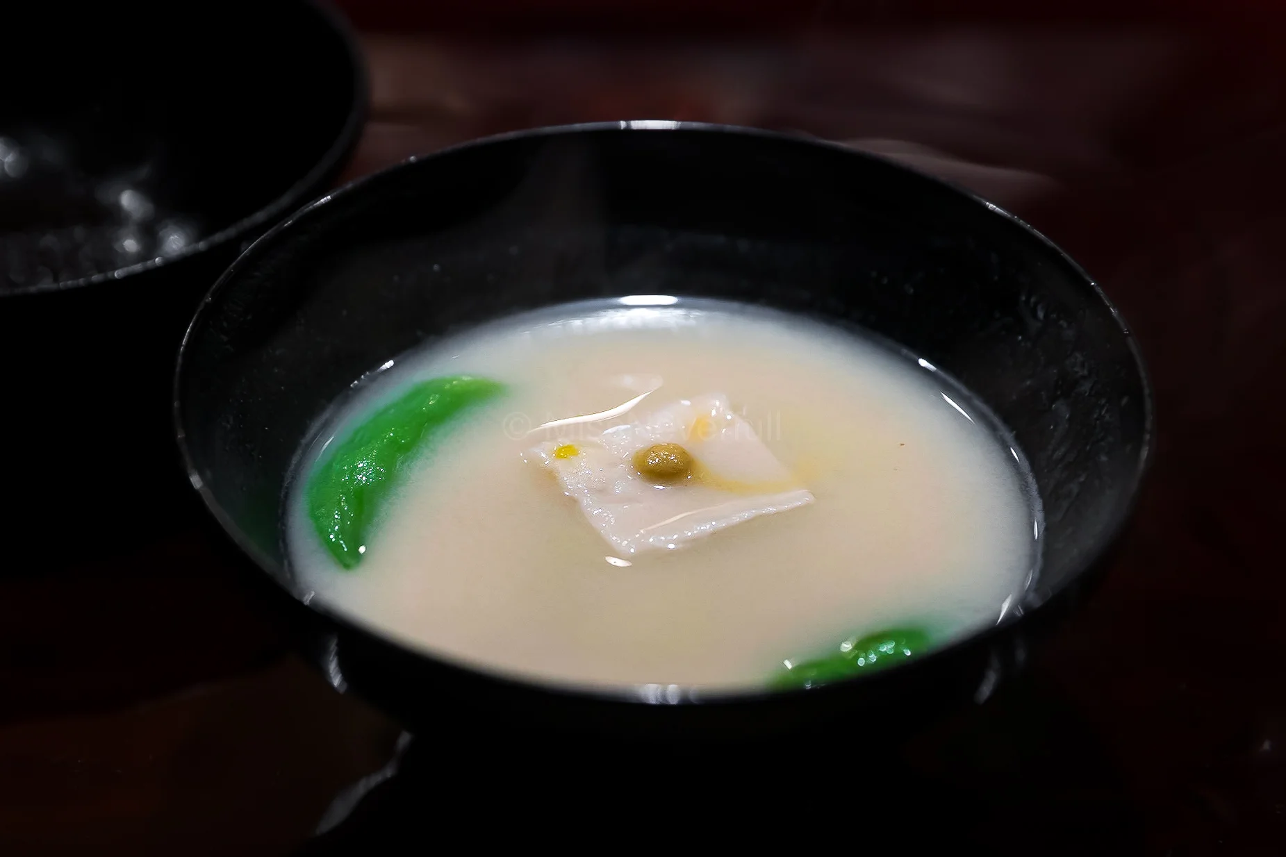 2. White miso soup made of white miso from Kyoto’s Saikyo Miso, Namafu (wheat gluten mochi) with Japanese corn | 白味增お椀 京都西京味增 麩嘉のなまふとトウモロコシ
