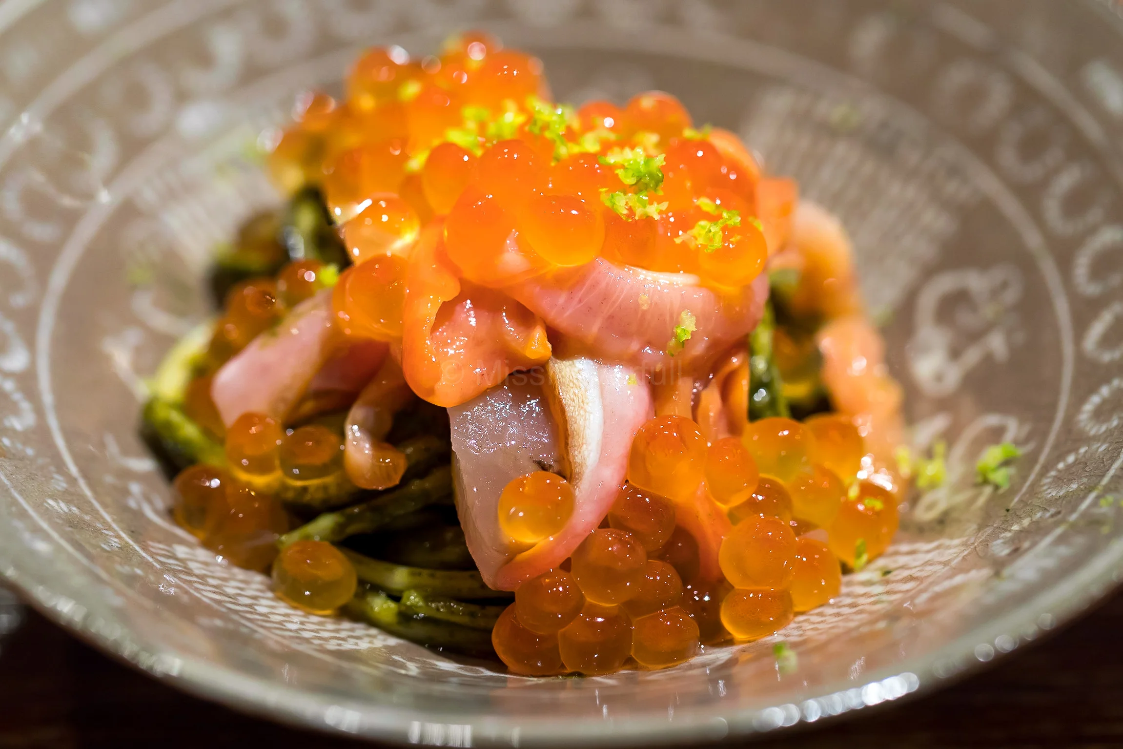 2. Futo-somen from Shodo Island, Kombu-jime & abalone liver sauce, Akagai and ikura on the top