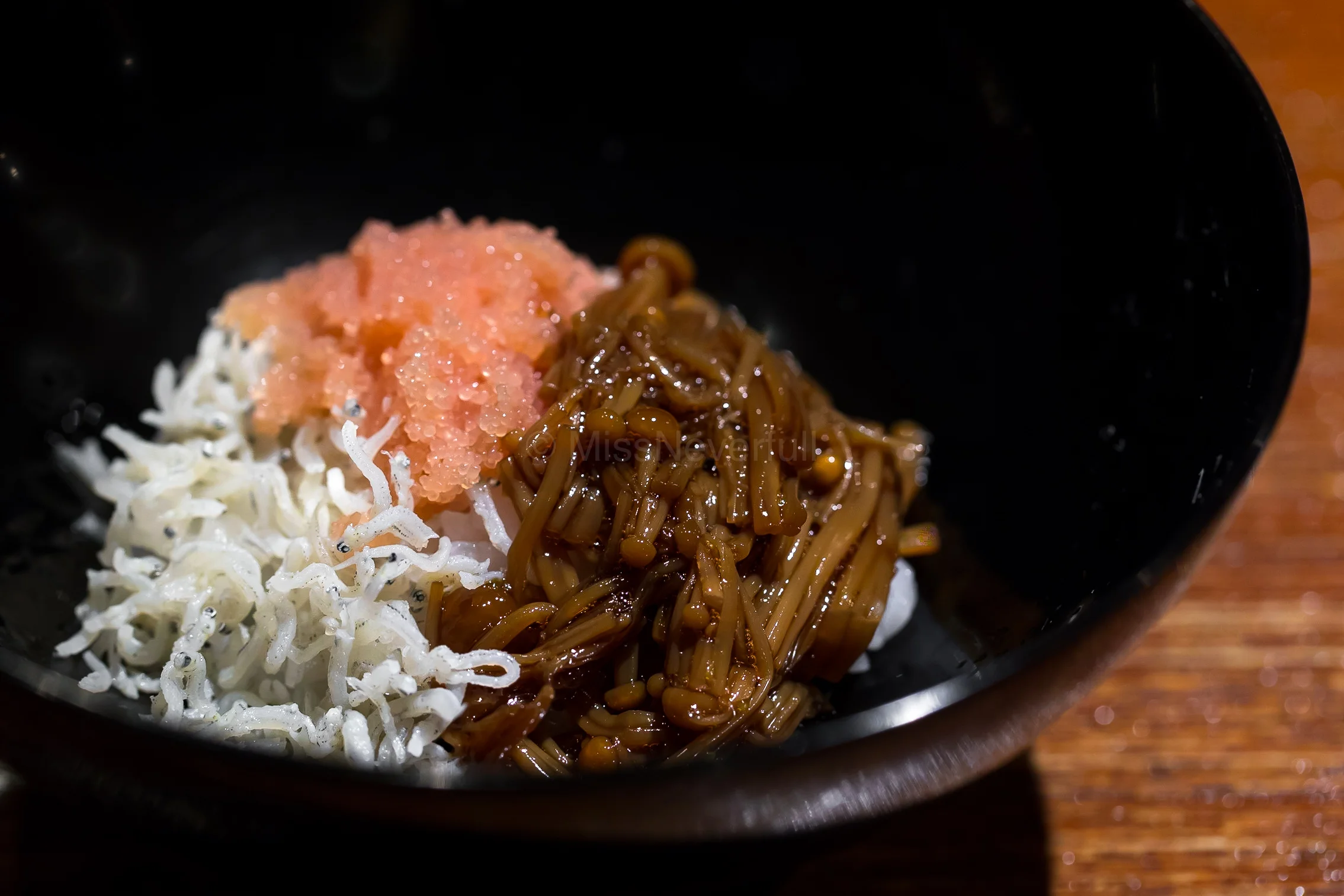 11. White rice + Mentaiko (Pollock roe) + Namako 🍄 + Jyako (semi-dried salted baby sardines) 白ご飯+明太子+ナメコ+じゃこ