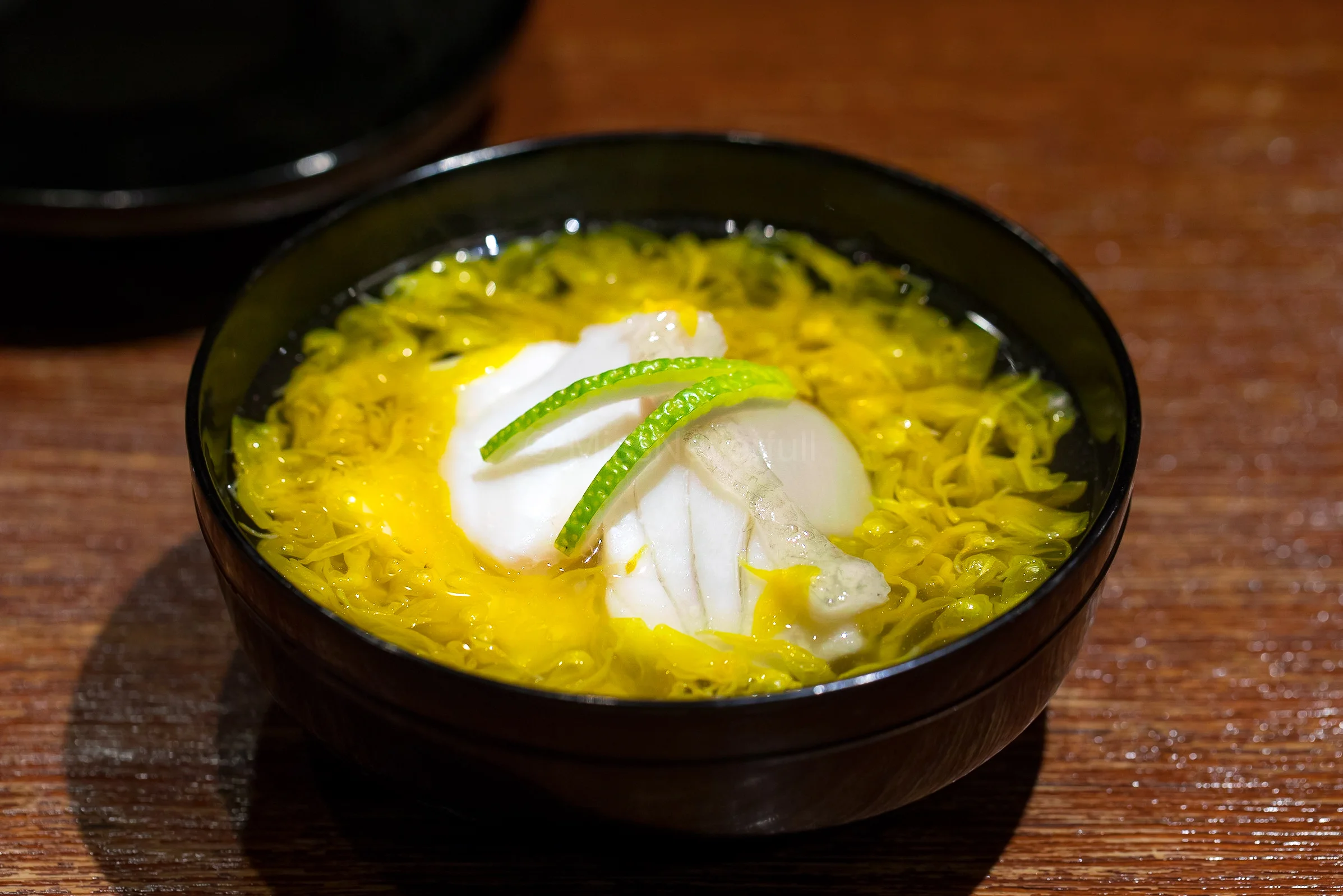 4. Owan with Kue (grouper), yuba (tofu skin) dumpling and turnip クエのお椀、湯葉まんじゅう、カブ