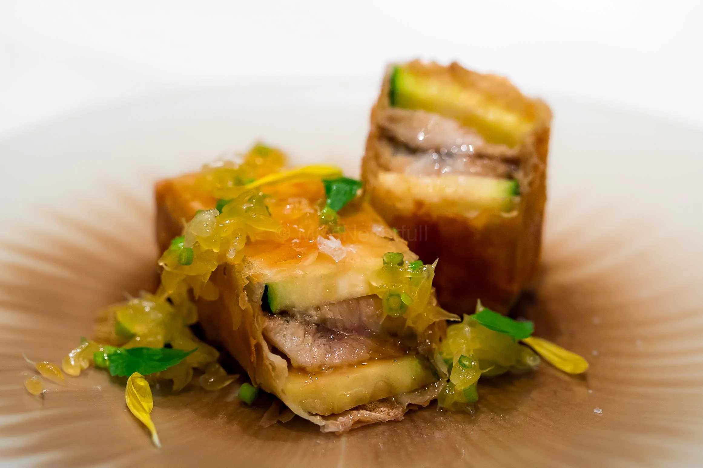 2. Ayu (sweetfish) and zucchini pate filo, Ayu liver sauce and Amanatsu citrus / 鮎とズッキーニのパートファロー包み 鮎肝のソース