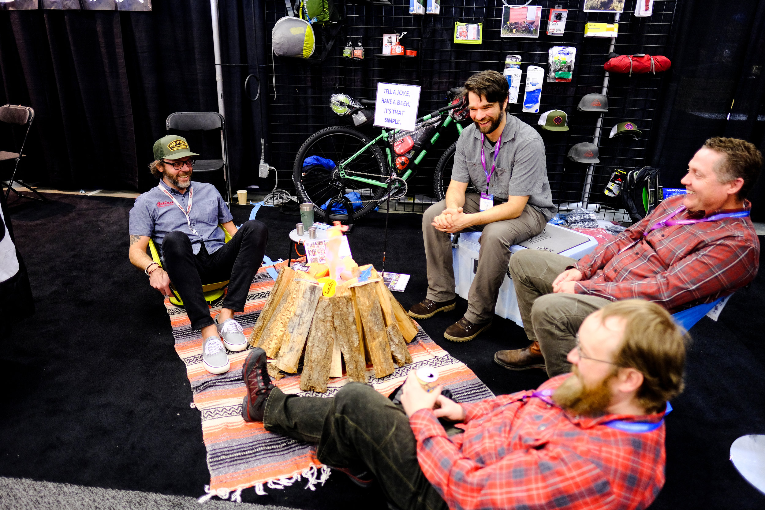 These guys have trade shows figured out: Tell them a joke, they give you a beer! Plus campfire.