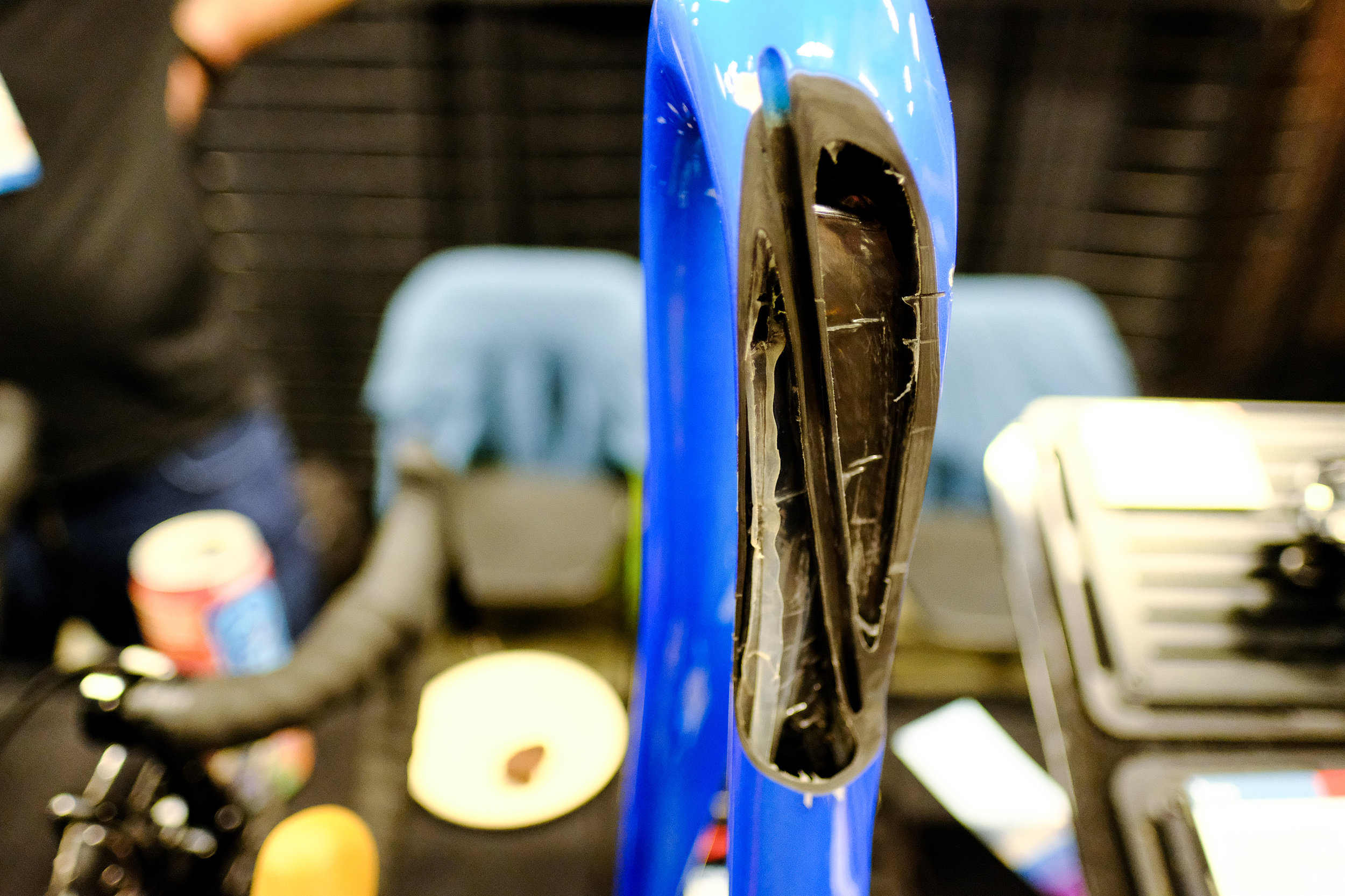 Inside a TRP gravel fork, with an internal routing tube.