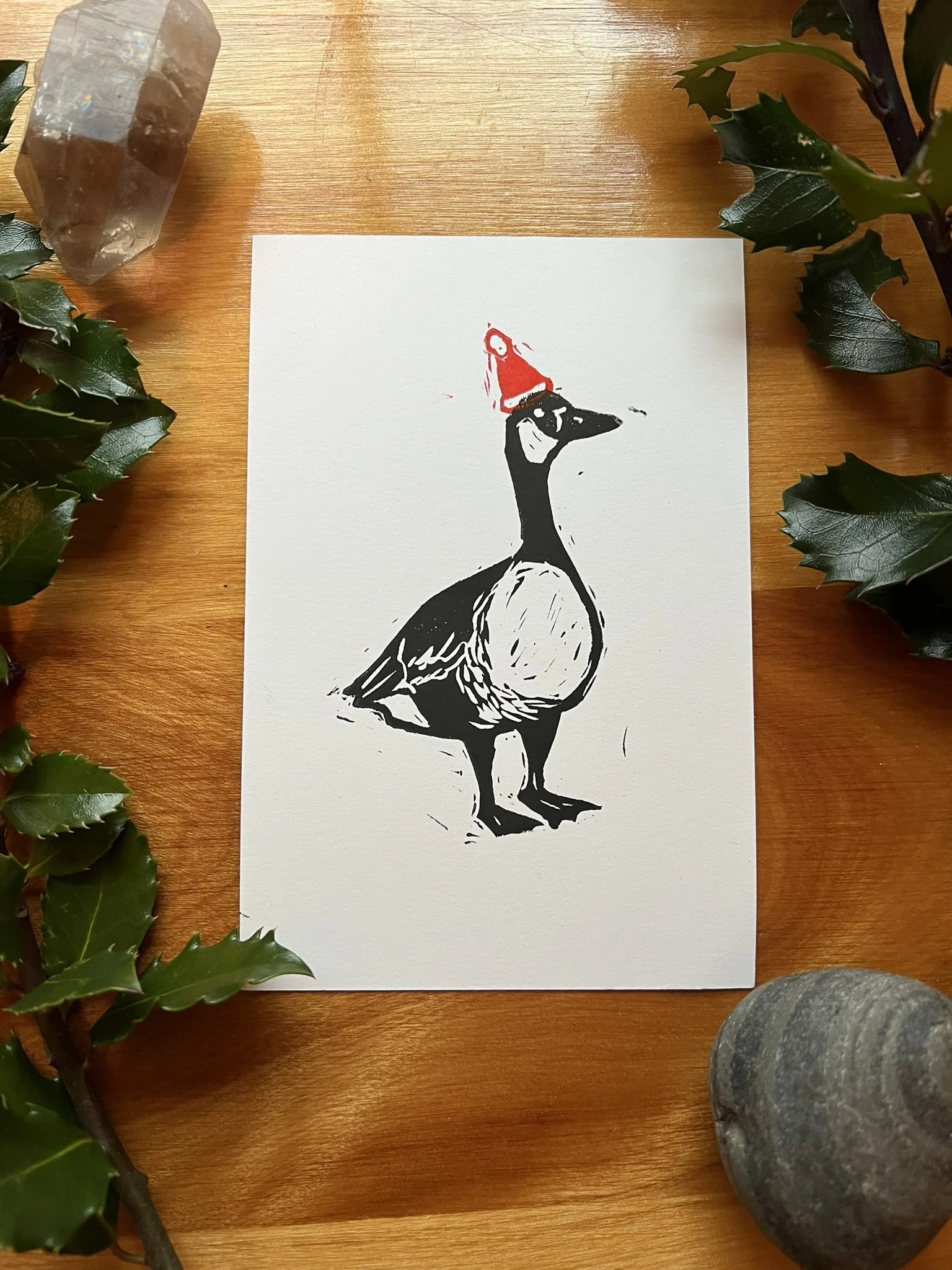 block print linocut christmas canada goose santa hat