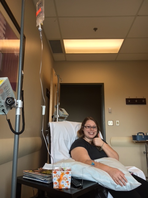 Me at an infusion treatment on the day I was diagnosed with MS.