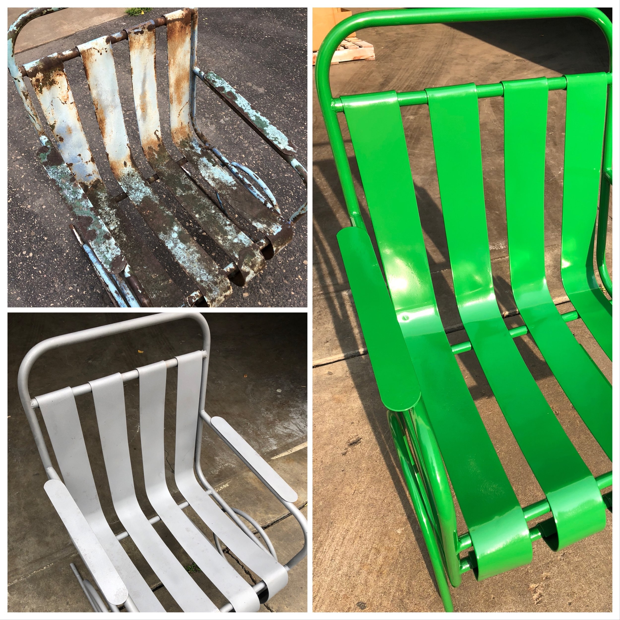  Top Left= The Original Chair  Bottom Left= Chair Sandblasted By  Marco Sandblasting   Right= Finished Produce 