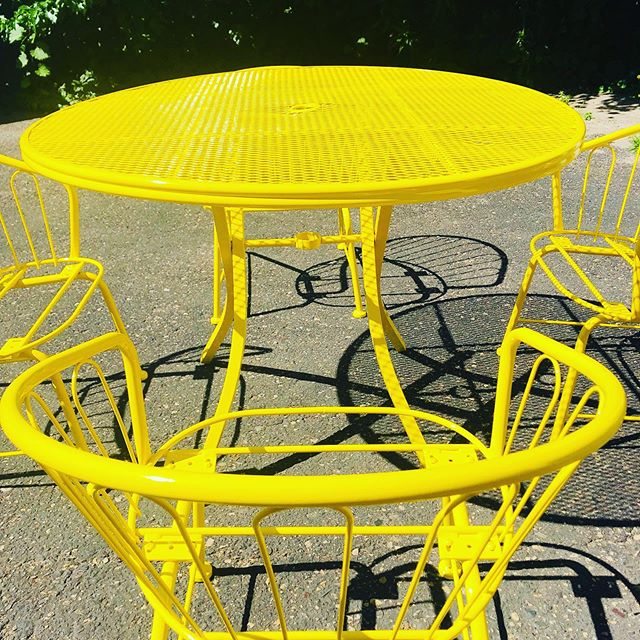 New yellow in stock powder ready to be used. This patio set turned out beautiful. Give us a call! 
#minneapolis #powdercoating #minneapolisart #powder #patiofurniture #chair #table 
612-331-1700