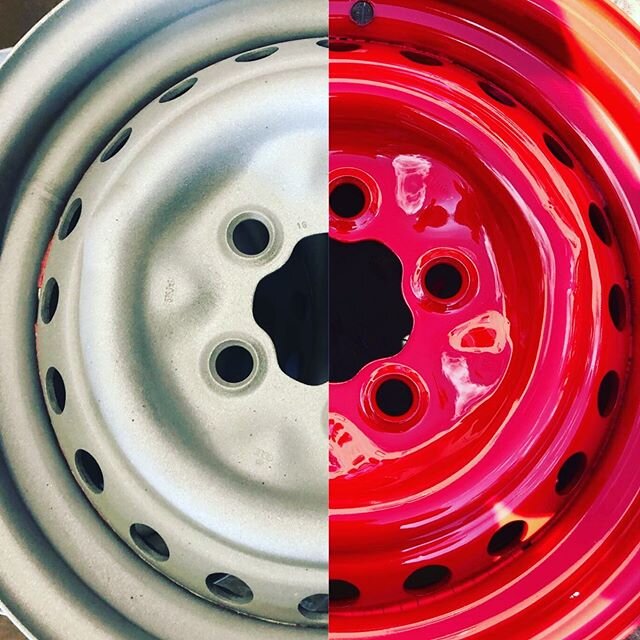 On the left is our sandblasted state of a car Rim. With being sandblasted, the powder attracts to the rim more and creates fine finish. Covering up any rough pours on the surface. 
On the right is the same rim after the powder-coating process. Red gl