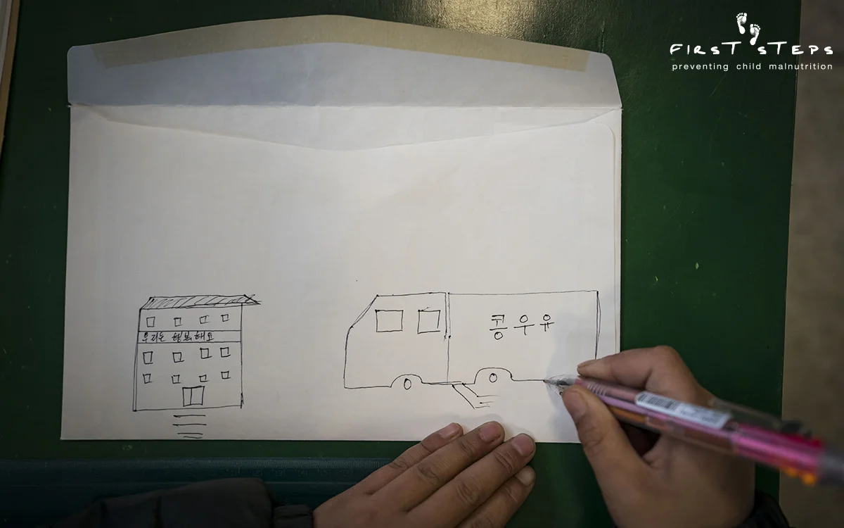Jung Myong-Bom’s drawing, on the back of an envelope we gave him, depicted the Wonsan Boarding School and a soymilk delivery truck.